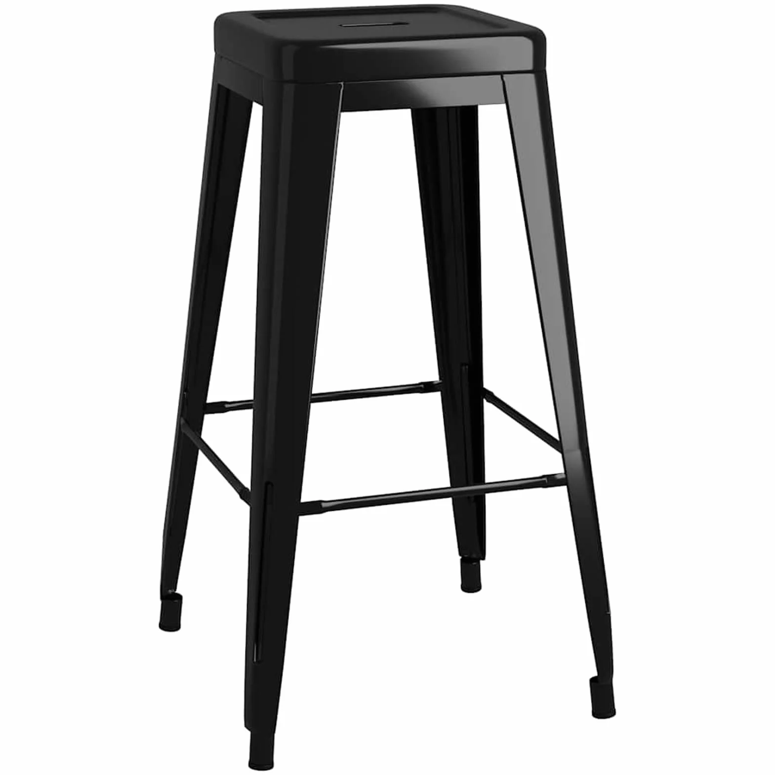 Stołek barowy, czarny, metalowy, można układać w stos, 2 sztuki, 43 x 43 x 77 cm, wytrzymały, z podnóżkiem i drążkiem poprzecznym, do lady, restauracji, na zewnątrz