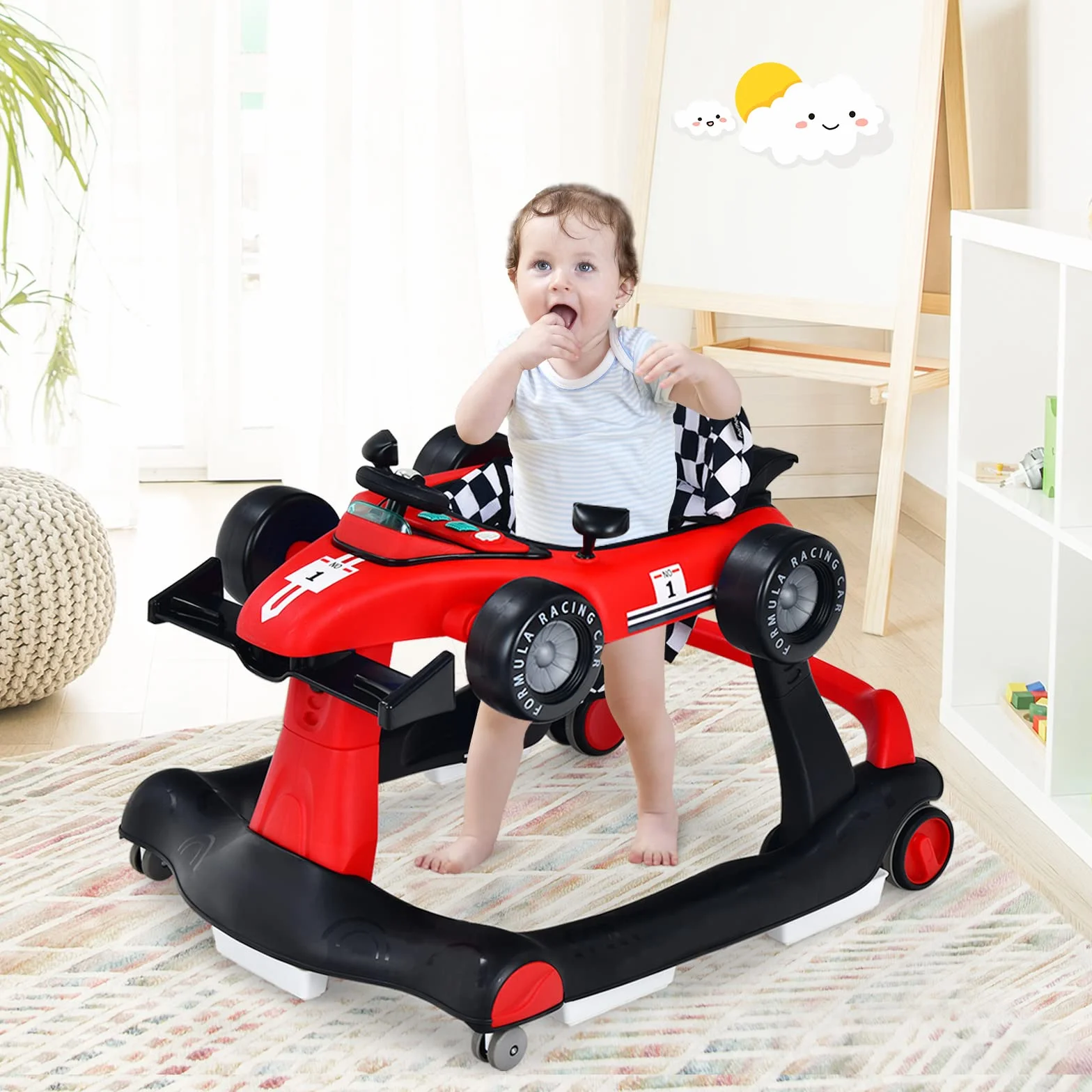 LIFEZEAL 4 w 1 Chodzik dla dzieci, składany i regulowany Babywalker, Chodzik dla dzieci od 6 miesięcy, Chodzik z regulowana prędkością, światłem i muzyką (czerwony)