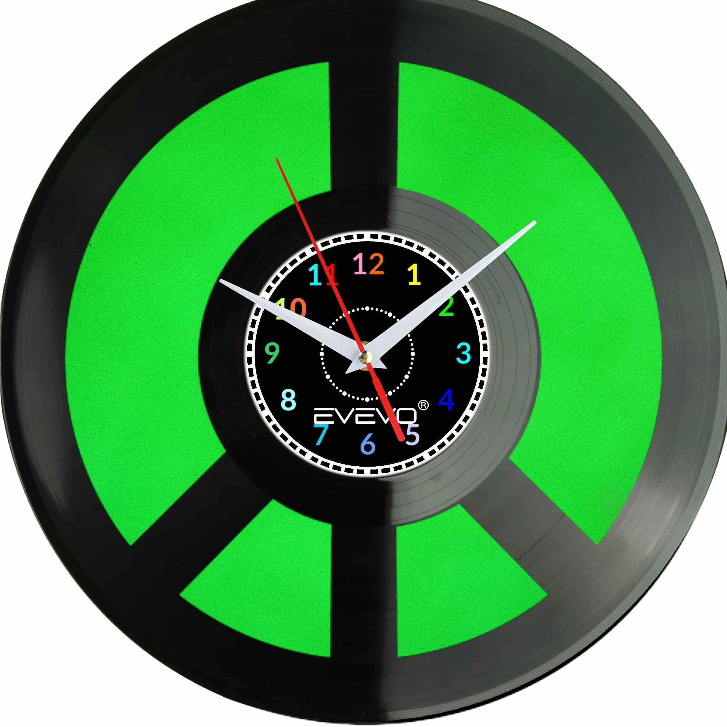 ZEGAR ŚCIENNY PEACE ZNAK POKOJU PACYFIZM FLUORESCENCYJNE TŁO PŁYTA WINYLOWA PREZENT UPOMINEK URODZINY GIFT SOUVENIR EVEVO F0040