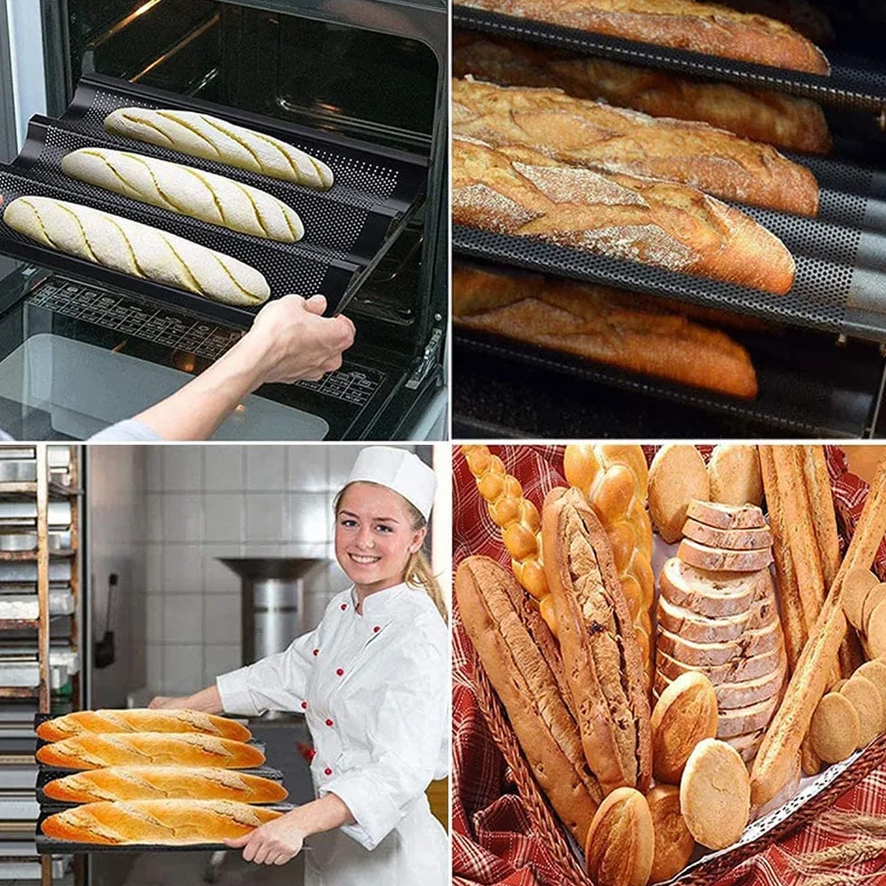 LJCC Taca na bagietki, nieprzywierająca francuska forma do chleba, forma do chleba francuskiego na 3 pałeczki, z dobrą powłoką nieprzywierającą, do piekarni, dla rodzin (czarna)