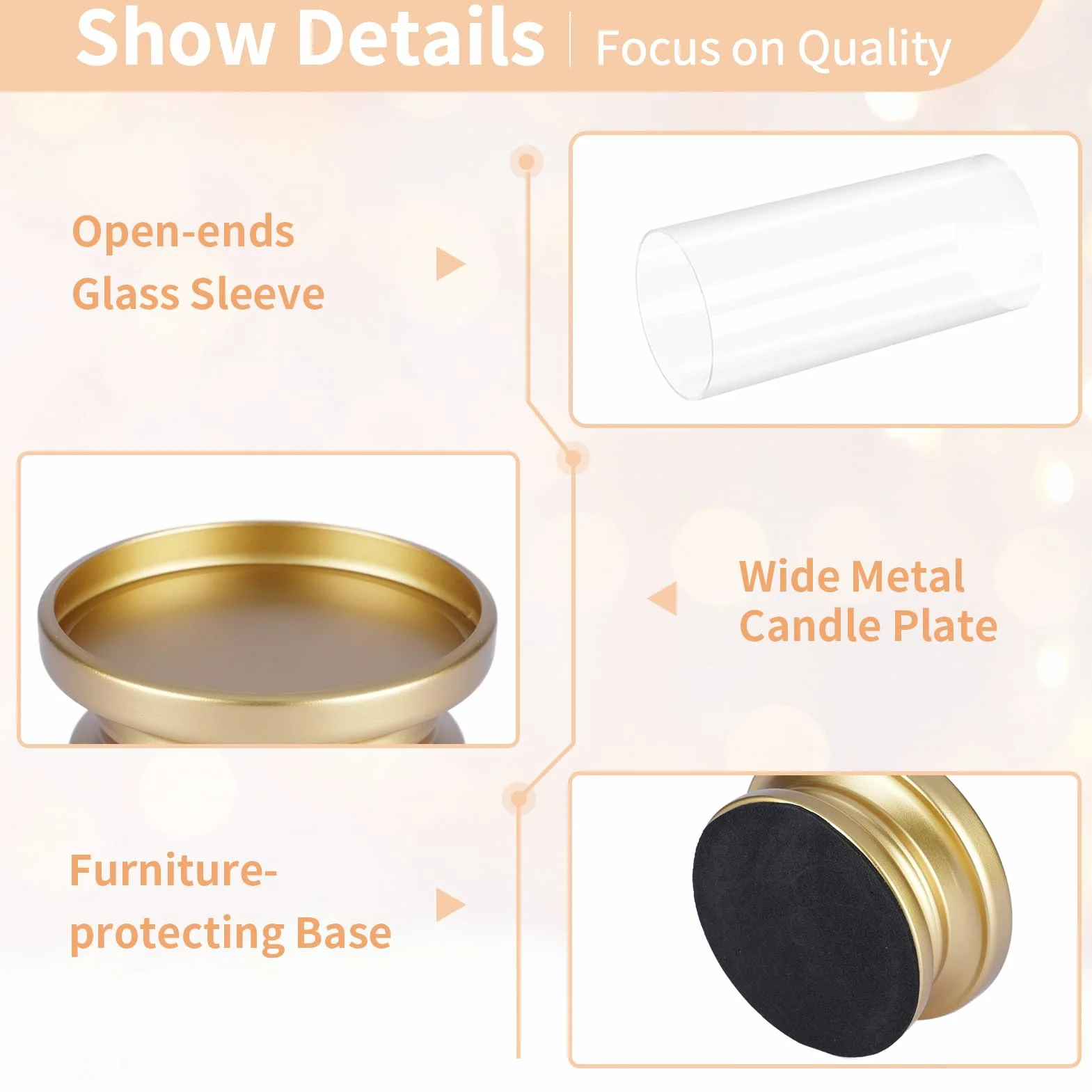 NUPTIO Hurricane świeczniki filarowe: zestaw 2 szklanych świeczników cylindrycznych, złotych, metalowych, ślubnych, na stoły, Boże Narodzenie, kominek, jadalnię