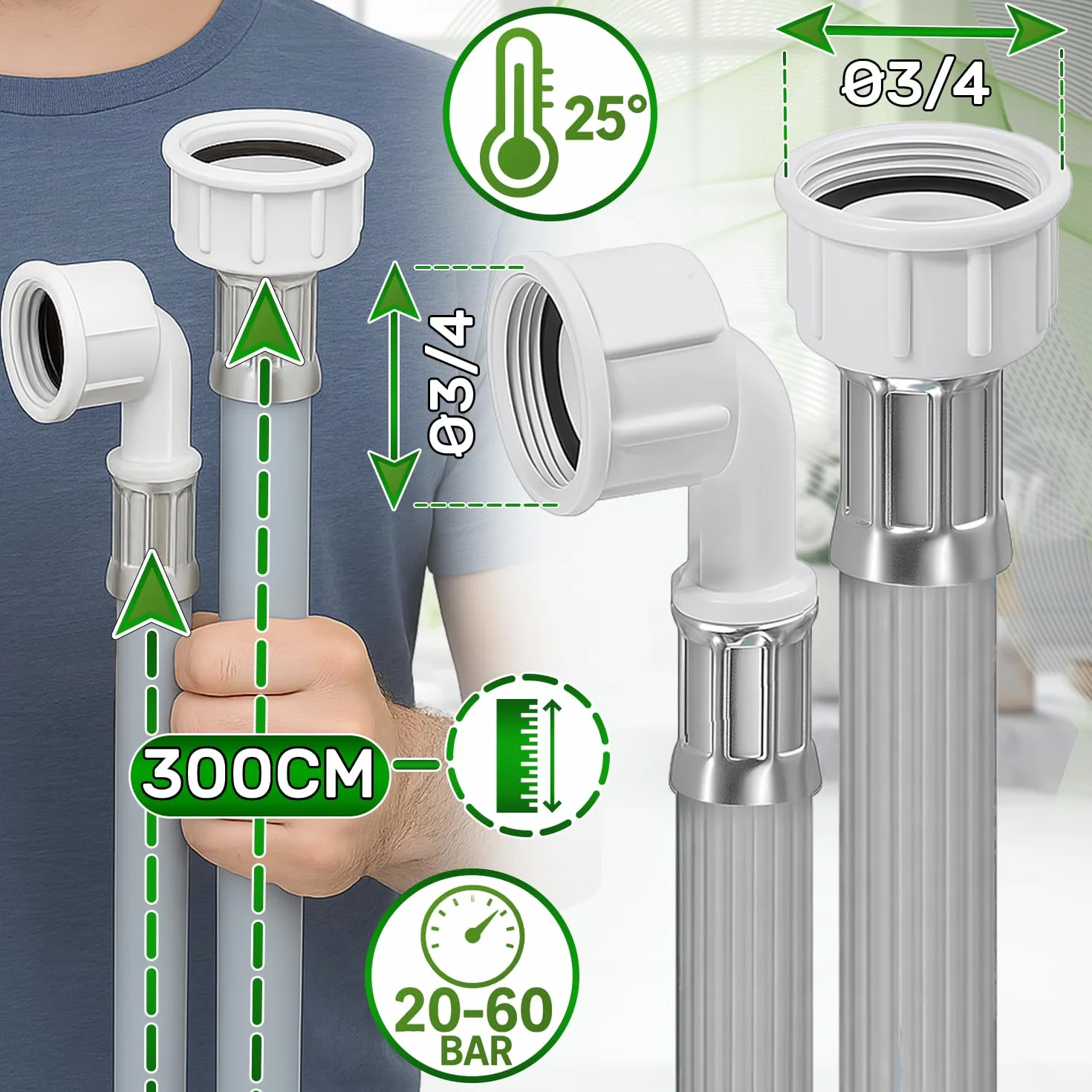 Wąż do pralki i zmywarki 3m do doprowadzania wody z zaworami Ø 3/4" Ciśnienie od 20 do 60 bar dla temperatur do 25°C - MADE IN ITALY - 5 lat - ONIX TECH