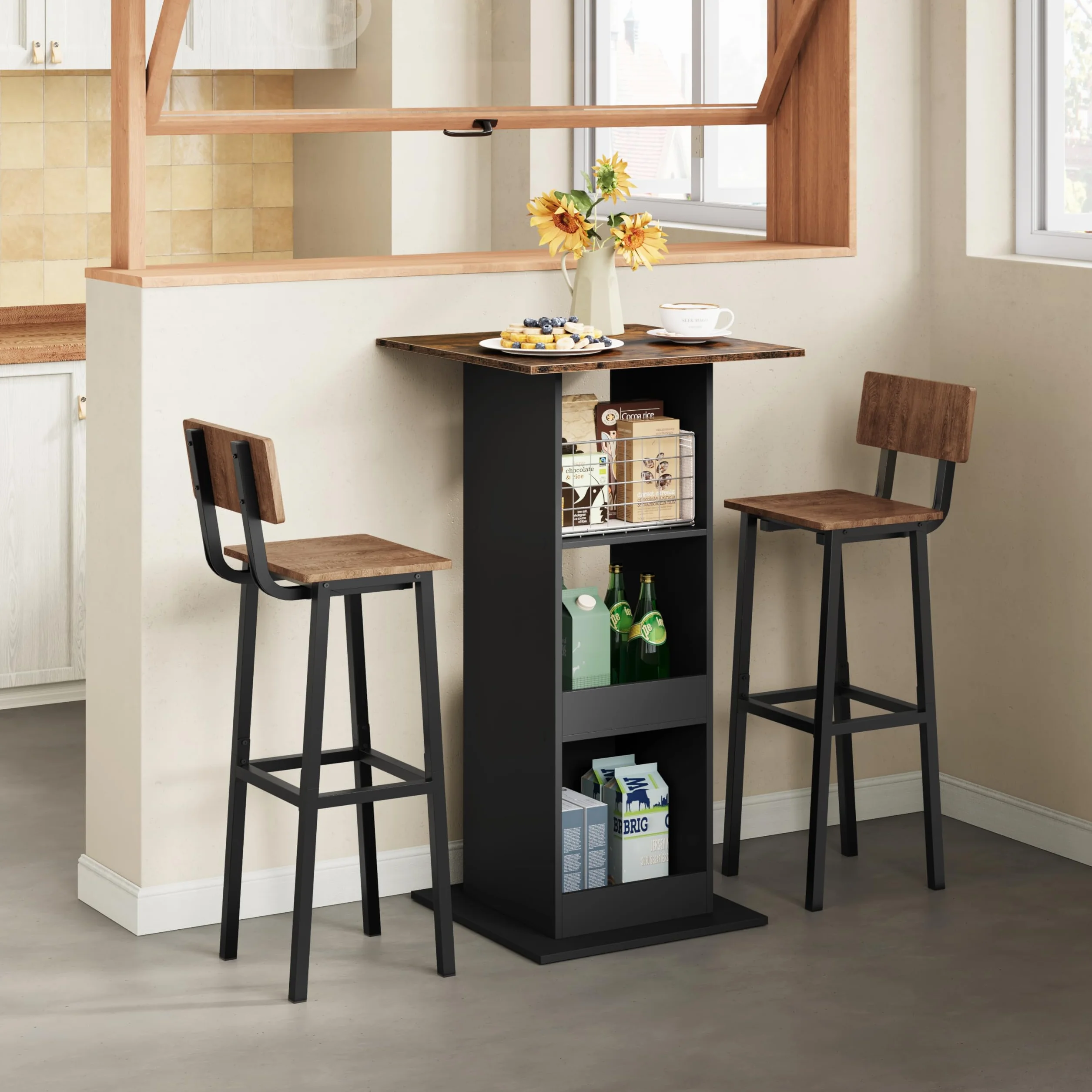 Stolik barowy bistro kwadratowy z 3 półkami wysokość 112 cm czarny rustykalny