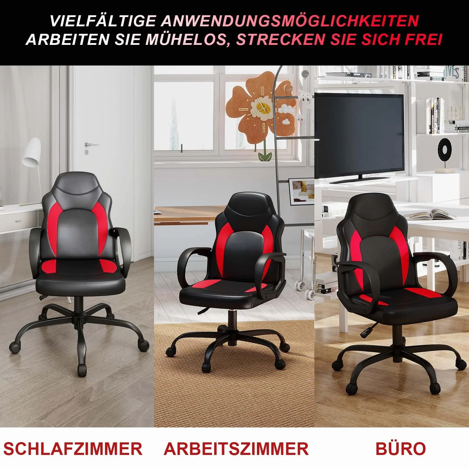 AnyGod Fotel do gier wideo, ergonomiczny fotel komputerowy z podparciem okolic lędźwiowych, kółka obrotowe z regulacją wysokości, do domu, biura dla dorosłych, młodzieży, dzieci i graczy, czerwony