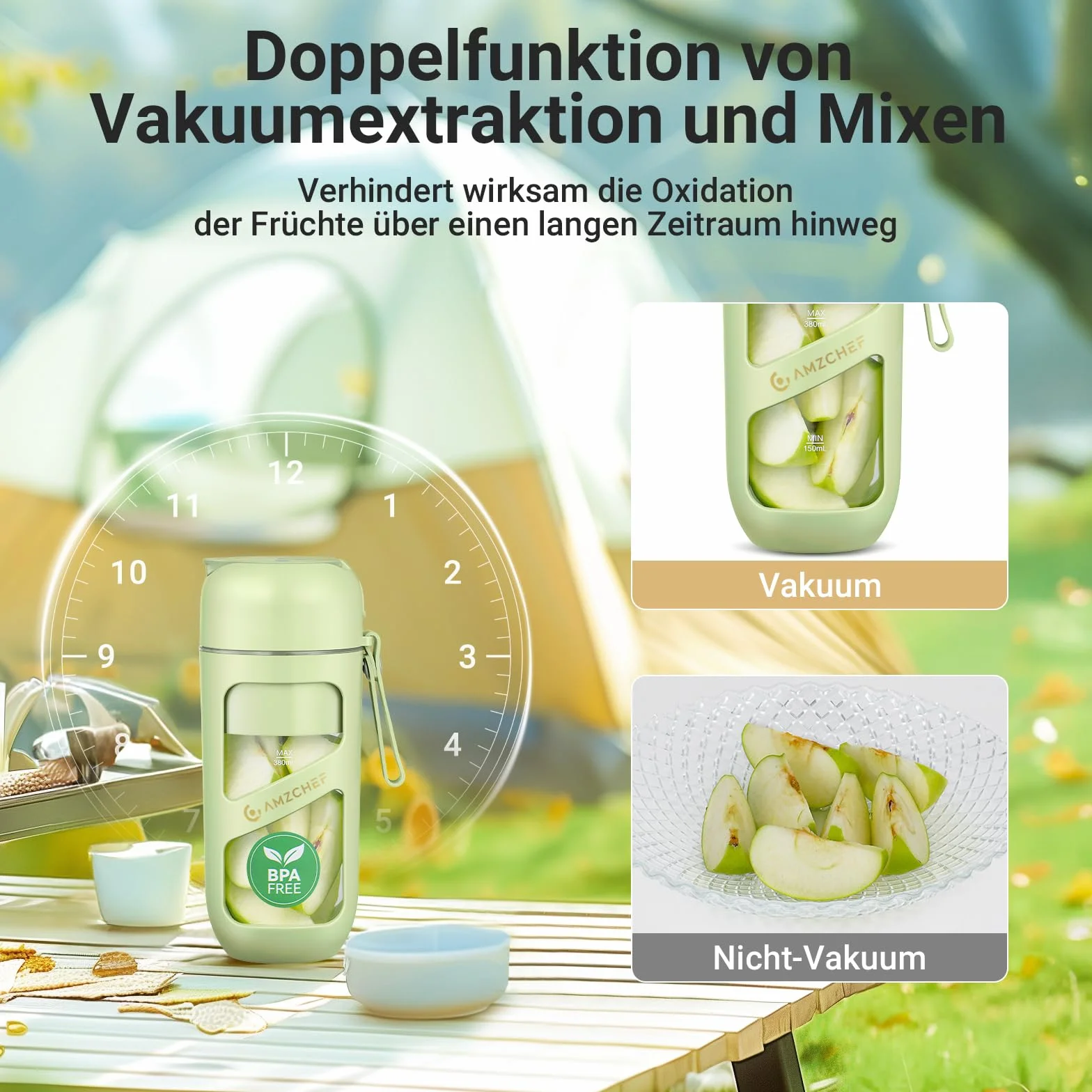 AMZCHEF Przenośny mikser próżniowy do koktajli mlecznych, soków, smoothie – 380 ml próżniowy przeciwutleniacz, butelka na sok – butelka do wielokrotnego ładowania do mini miksera