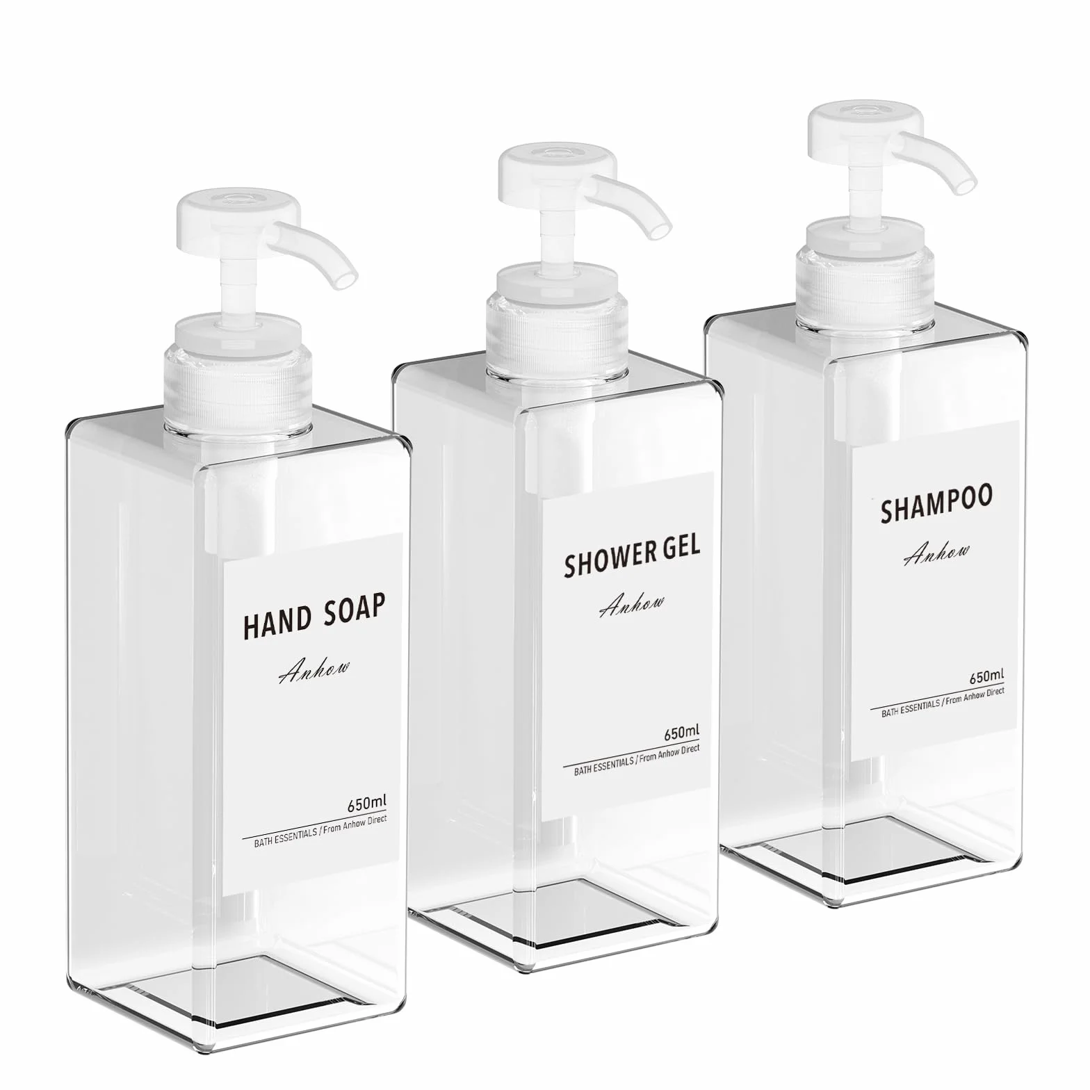 3 szt Dozownik do Mydła, Dozownik Szamponu żel pod Prysznic Dozowników Mydła 650ml Dozownik Mydła do rąk i 12 Sztuk Wodoszczelnych Etykiet na Butelki - Przezroczysty