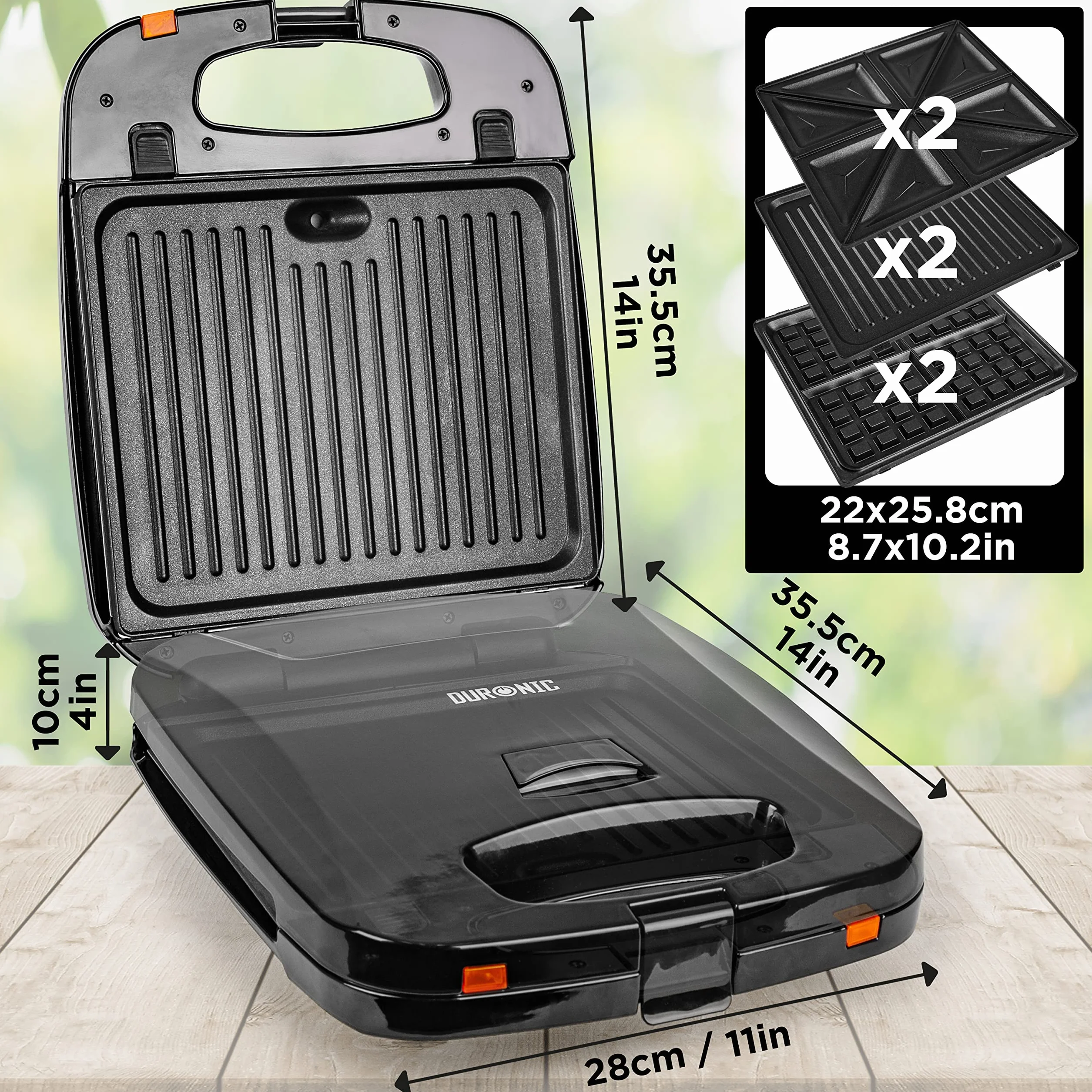 Duronic SWM60 Gofrownica grill i opiekacz do kanapek w 1 urządzeniu 1200W | wyjmowane talerze | łatwe czyszczenie | nieprzywierająca powłoka | 4 gofry belgijskie na raz | opiekacz do panini