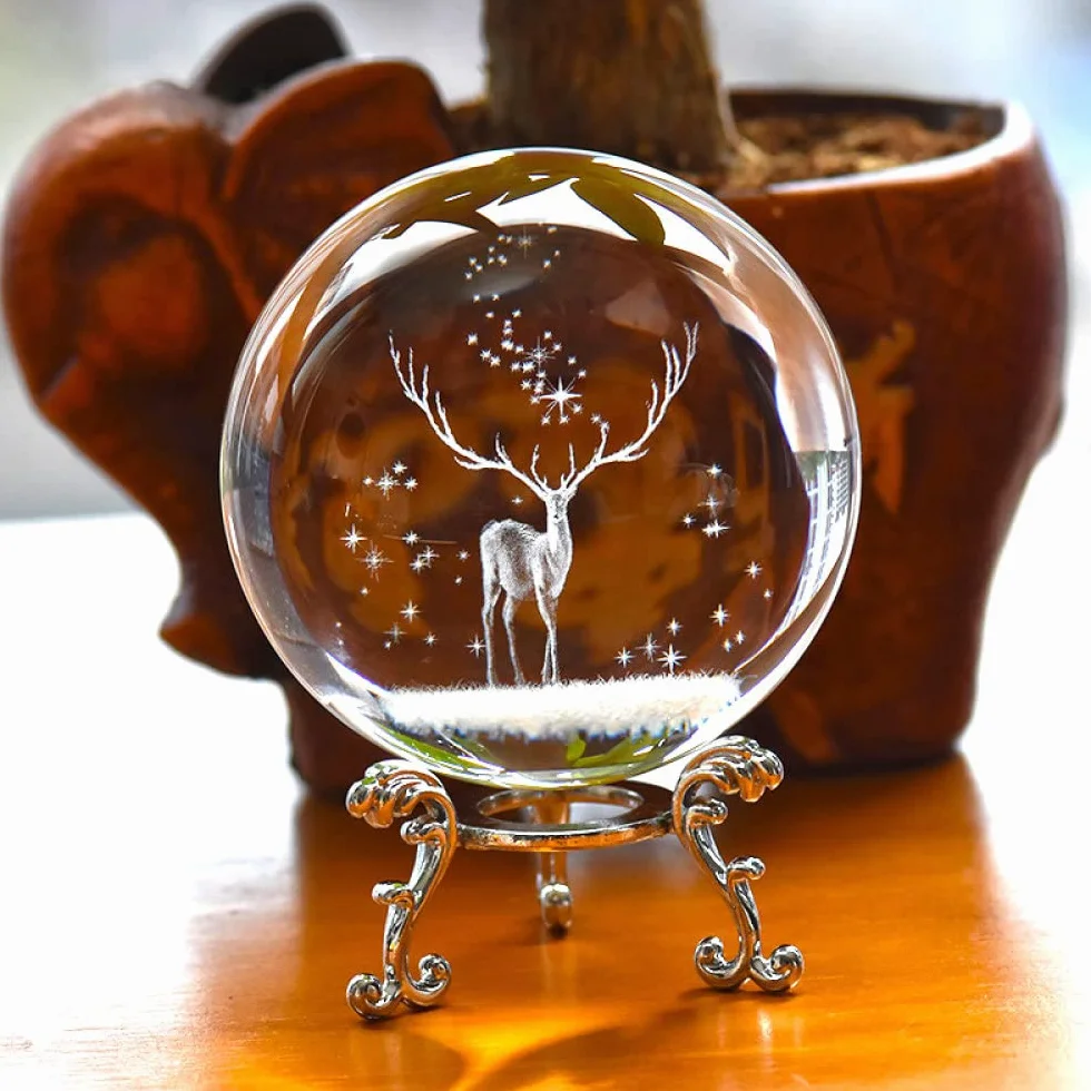3D Wapiti Ball grawerowane szklana kula kryształowy ornament miniaturowy renifer Home Decor akcesoria do dekoracji świątecznych kula, kula złota podstawa, 8cm