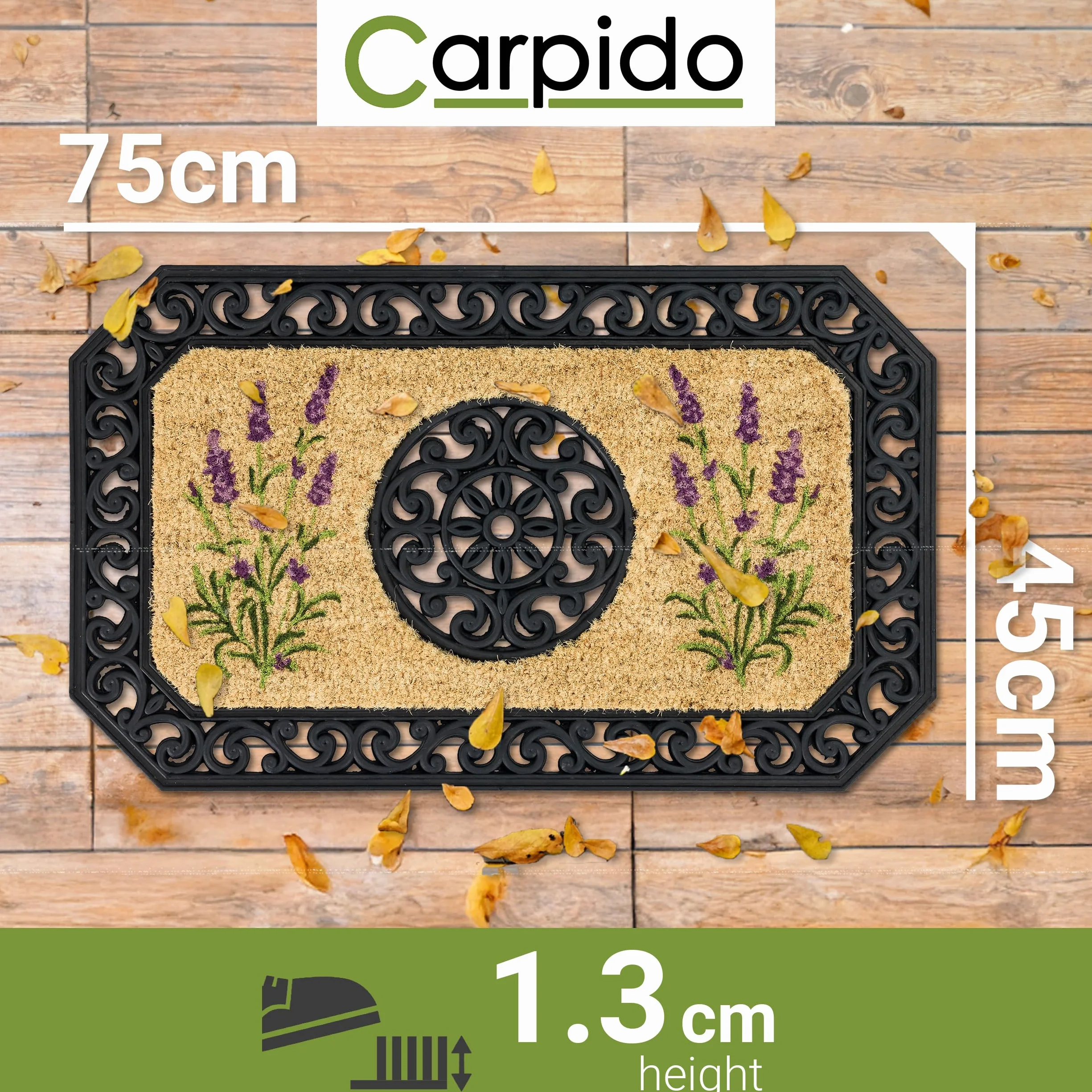 Carpido Wycieraczka beżowa lawendowa – bieżnik 45 x 75 cm – wycieraczka do wnętrz – mata wejściowa do zadaszonego obszaru zewnętrznego – mata kokosowa z gumową krawędzią