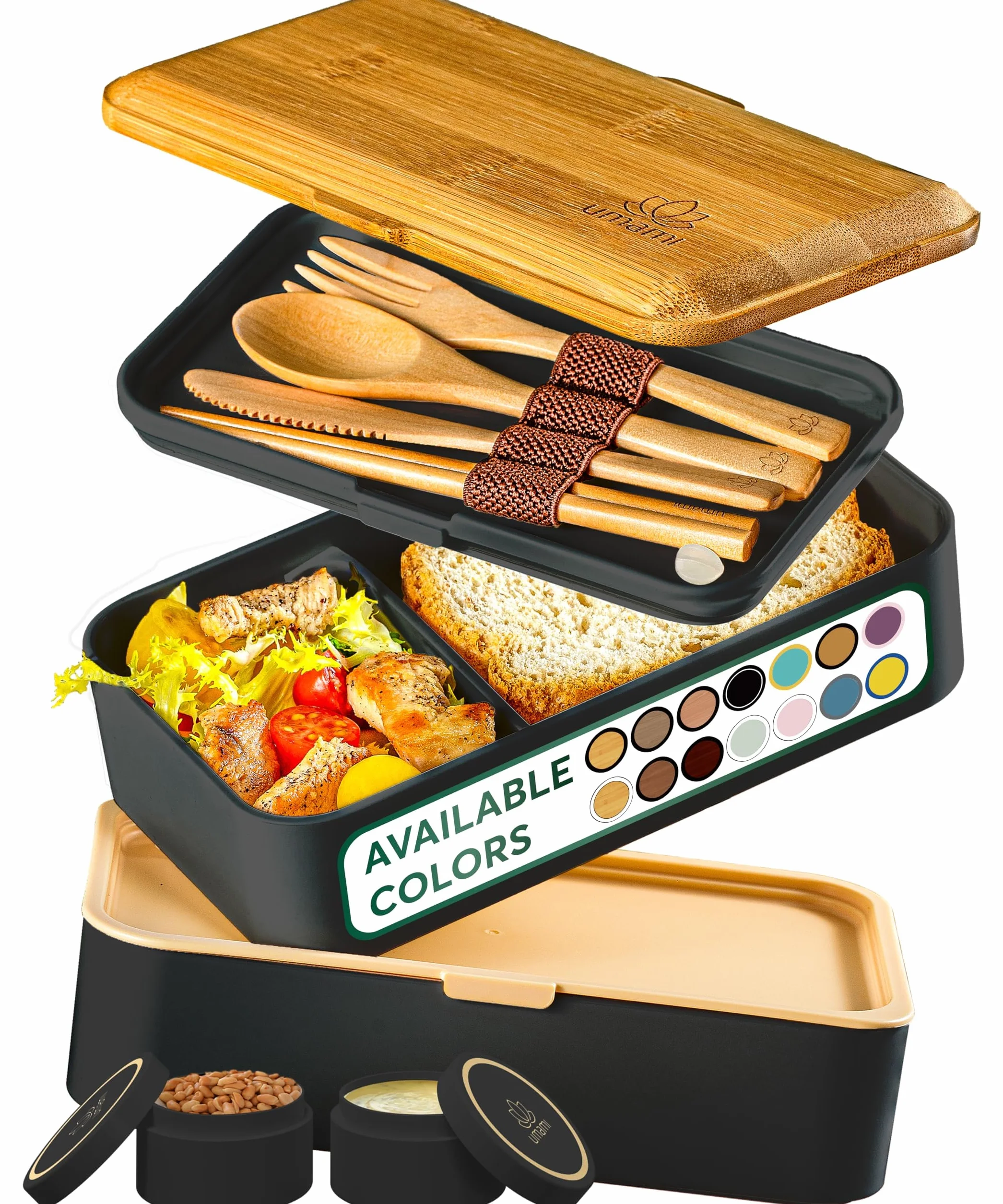 Umami Bento Pudełko na Lunch, 2 Garnki na Sos & Sztućce w Zestawie, Bezpieczne Do MIkrofali, Pudełko na Lunch Dla Dorosłych, Pudełko na Posiłki z Przegrodami, Bento Box
