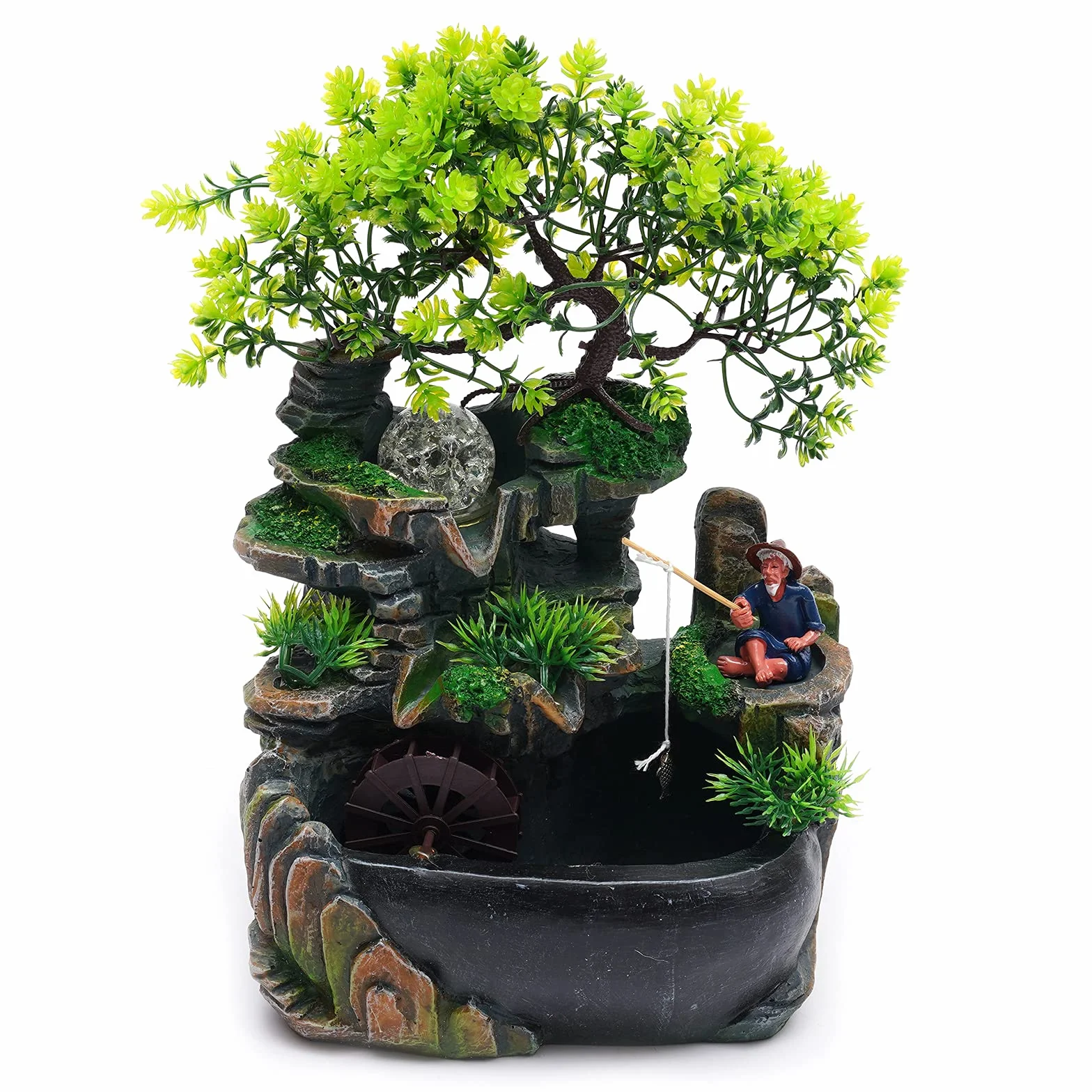 Fontanna Zen LED Wodospad Feng Shui z żywicy Rybak Drzewo H 30 cm