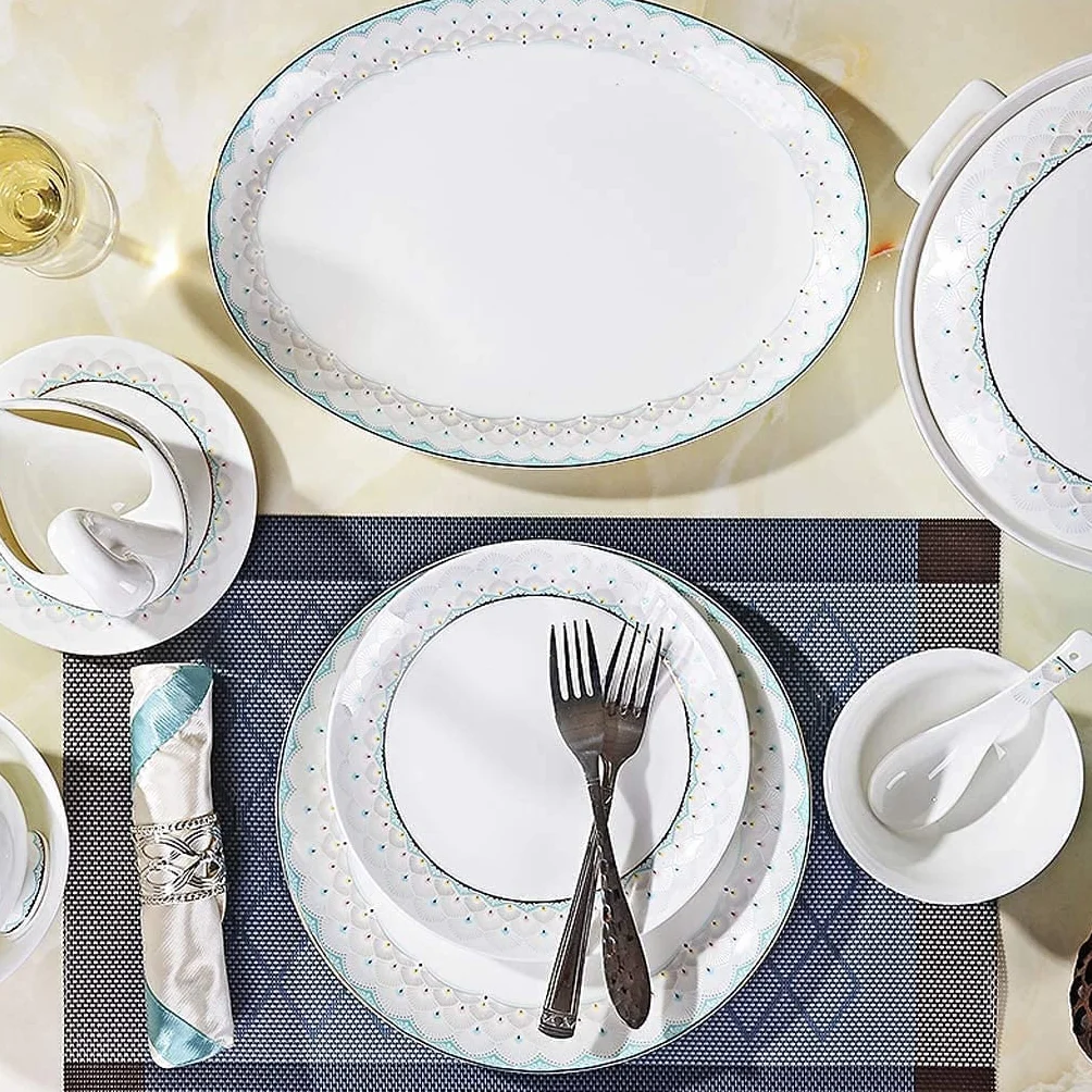 Zestaw zastawy stołowej, zestaw naczyń ceramicznych z 50-częściowym niebieskim wzorem porcelanowym zestawem kombinacji - kompletny serwis zastawy stołowej na przyjęcia obiadowe