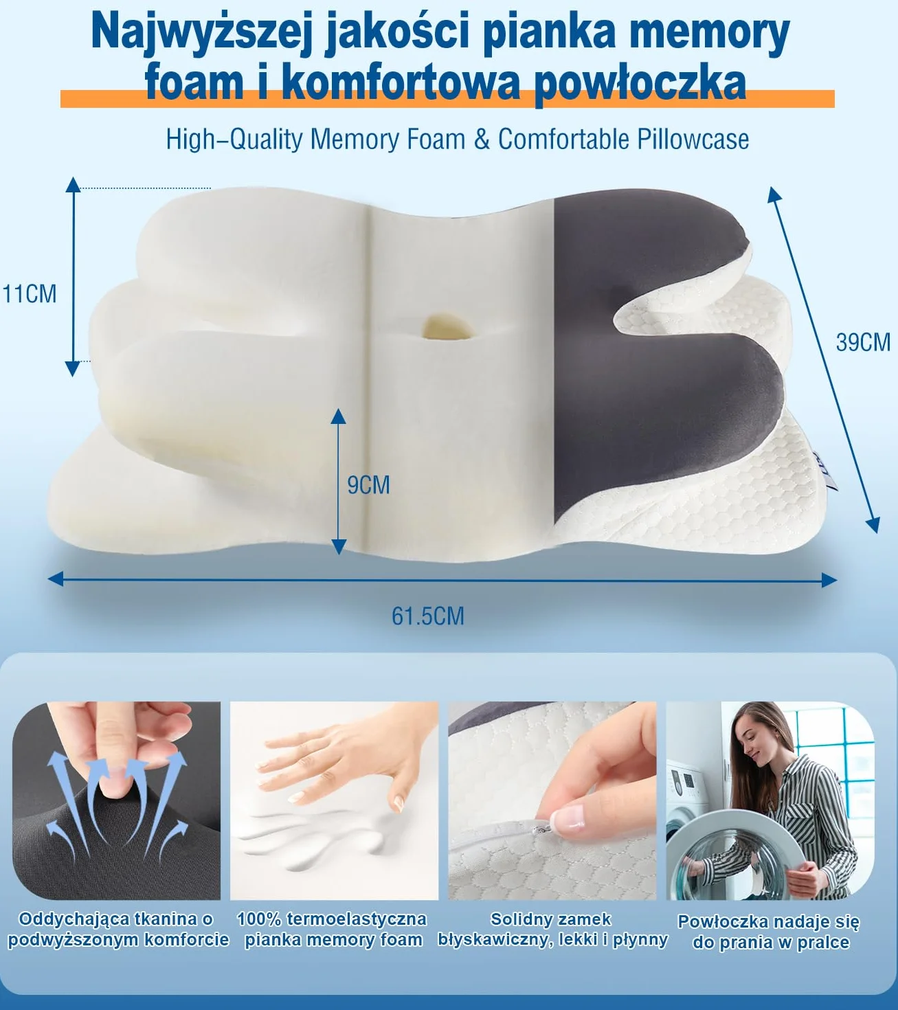 Poduszka Ortopedyczna do Spania, Poduszka pod Kark, Ergonomiczna Poduszka z pianki z Pamięcią Kształtu, Poduszka Podróżna, Szyjna z Pianki Memory dla osób śpiących na plecach, na boku i na brzuchu