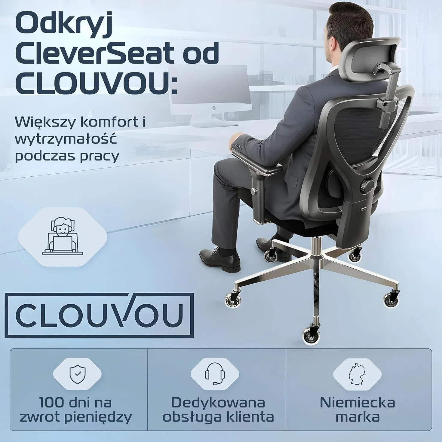 CLOUVOU CleverSeat Ergonomiczne krzesło biurowe [NR 1 W RANKINGU] Regulowane krzesła biurowe - fotele ergonomiczne | Siatkowy fotel biurowy z podparciem | Fotel ergonomiczny do gier do 150 kg