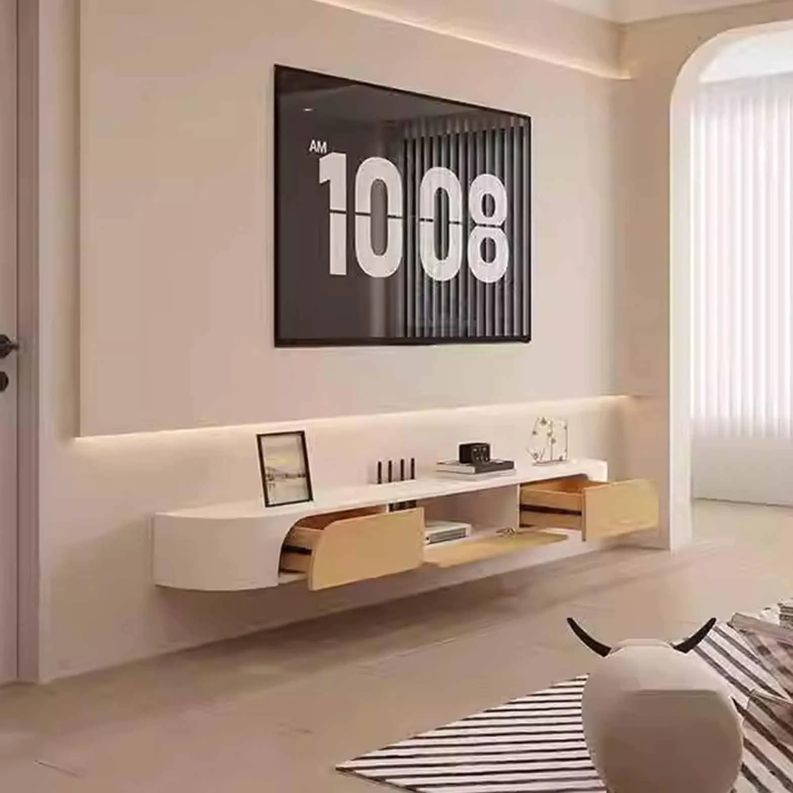 Biała szafka pod telewizor montowana na ścianie 200 cm (78,7 cala) pływająca konsola elegancka oszczędność miejsca centrum rozrywki do salonu stylowa podstawka pod telewizor ławka z miejscem do