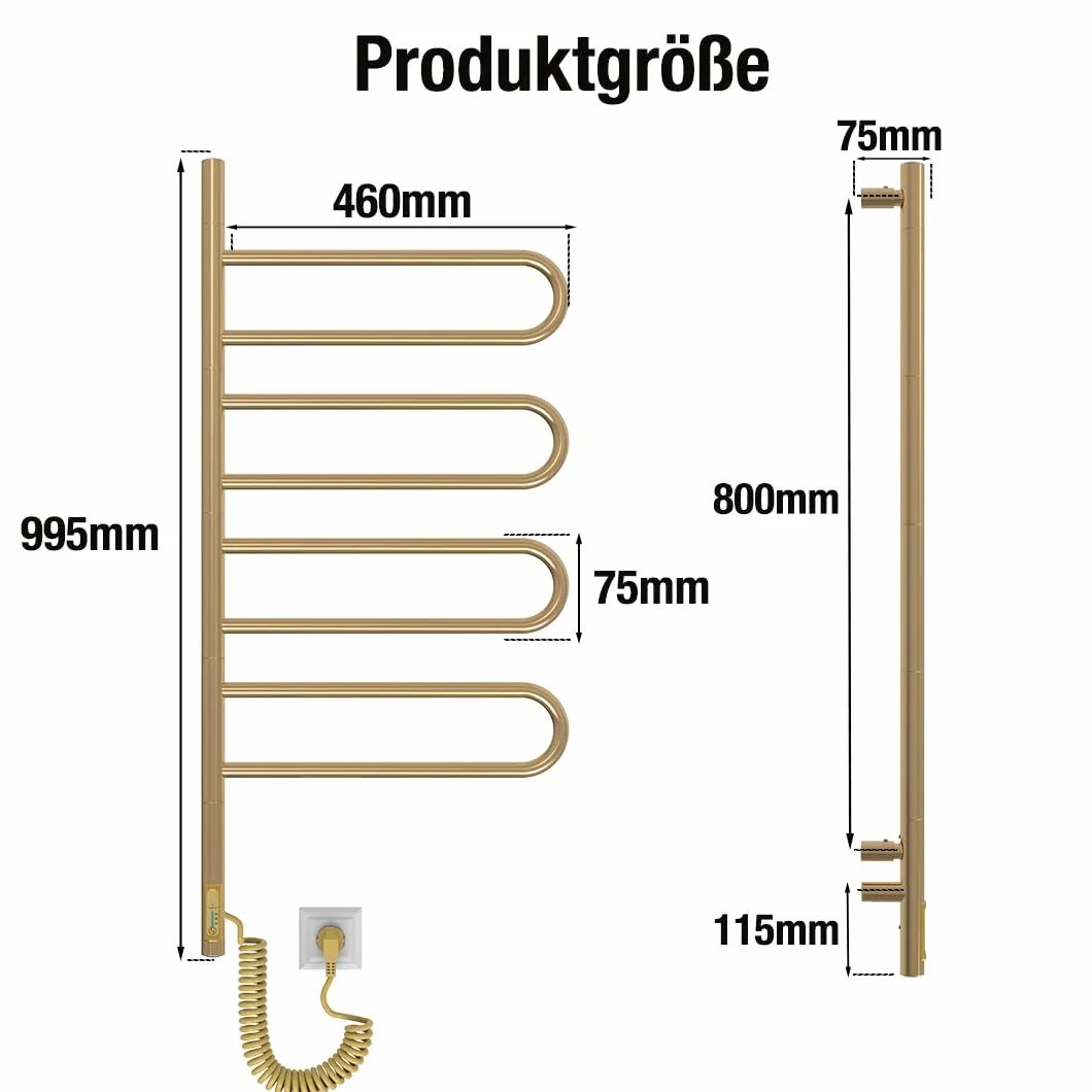 ELNA® Grzejnik łazienkowy elektryczny kolorze złotym PVD 100x46 cm, 125W – Suszarka na ręczniki ze stali nierdzewnej 304 z timerem i termostatem, IP44 – 4 ramion obrotowych 180°, montaż na ścianie