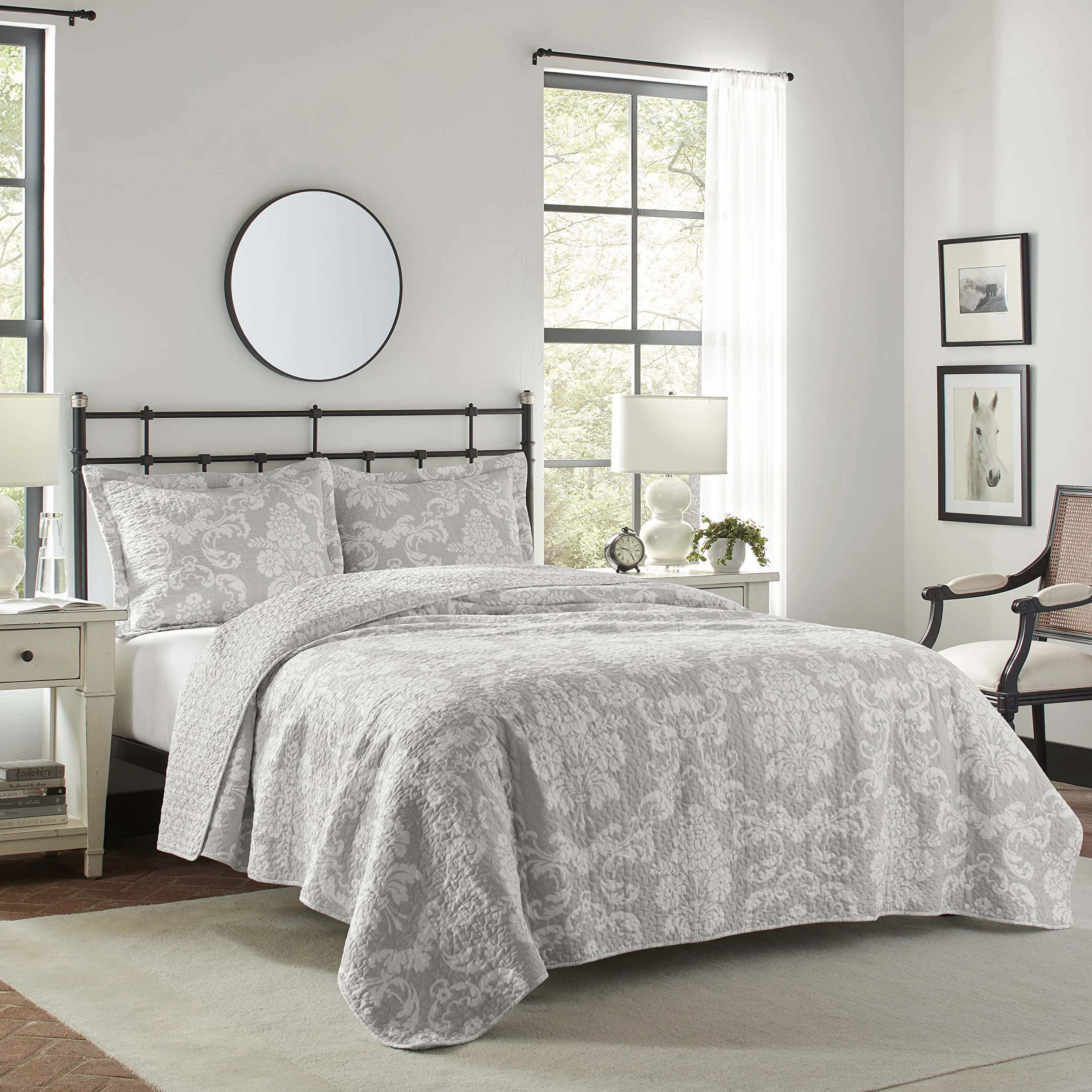 Laura Ashley Home Venetia Collection zestaw kołder – 100% bawełna, odwracalna, lekka i oddychająca pościel, wstępnie sprana dla dodatkowej miękkości, Queen, szary