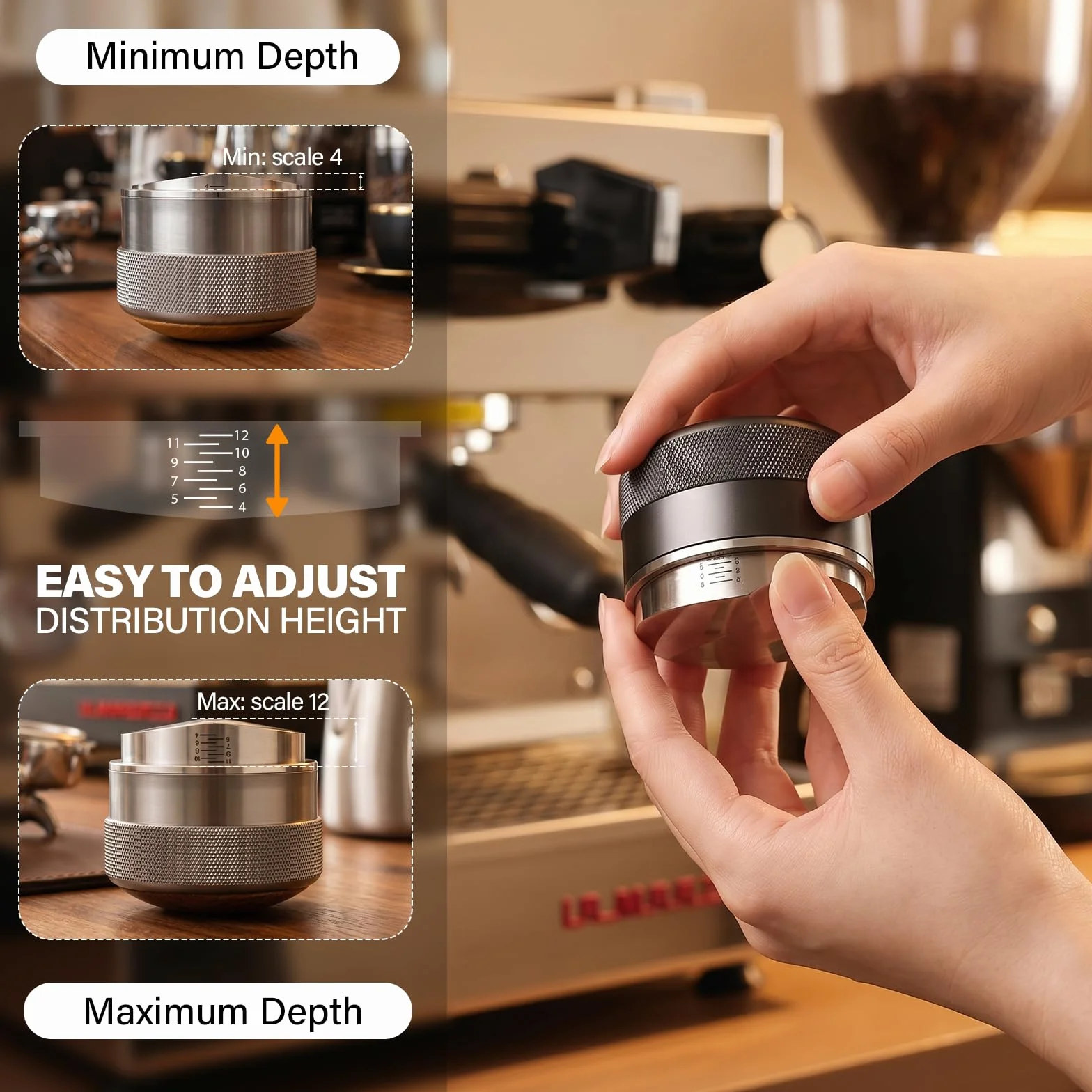 CrossCreek Dystrybutor espresso 58 mm, regulowana głębokość pasuje do wszystkich portafiltrów do espresso 58 mm, Breville/Rancilio/La Marzocco, narzędzia do dystrybucji ze stali nierdzewnej i orzecha