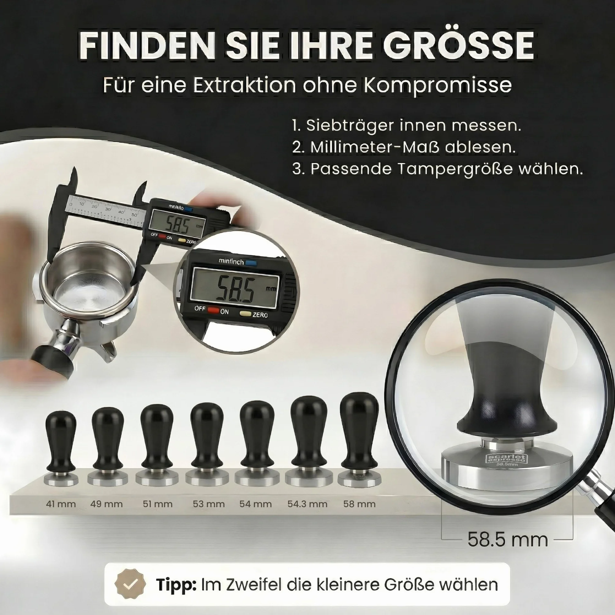 scarlet espresso | Tamper „Perfetto” dla baristy; skalibrowany na 15,88 kg (35 lbs) siłę nacisku; z uchwytem z aluminium lub szlachetnego drewna i precyzyjną podstawą ze stali nierdzewnej (57 mm)