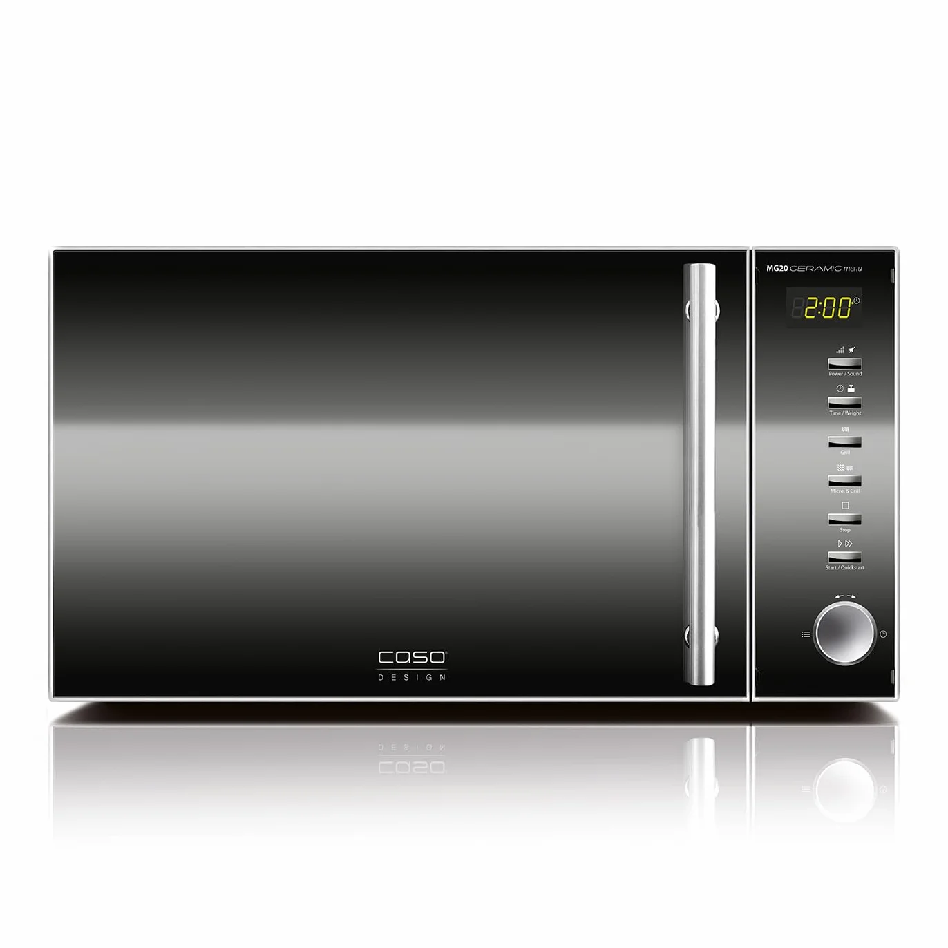 CASO MG20 Ceramic menu kuchenka mikrofalowa 2 w 1 z grillem, ceramiczny spód i ruszt do grillowania na 2 poziomach, 900 W, 1000 W, 20 l, stal nierdzewna, lustrzane