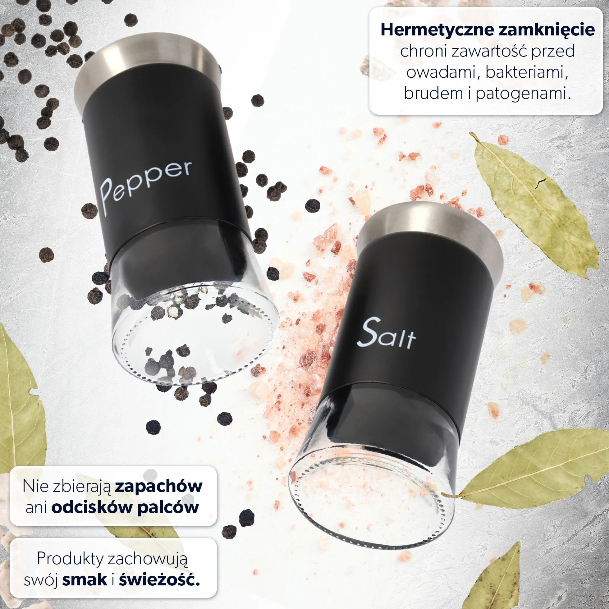 KADAX Zestaw 2 szt. przyprawników kuchennych - solniczka i pieprzniczka 150 ml ze szkła i stali nierdzewnej, z pokrywką, czarne wykończenie