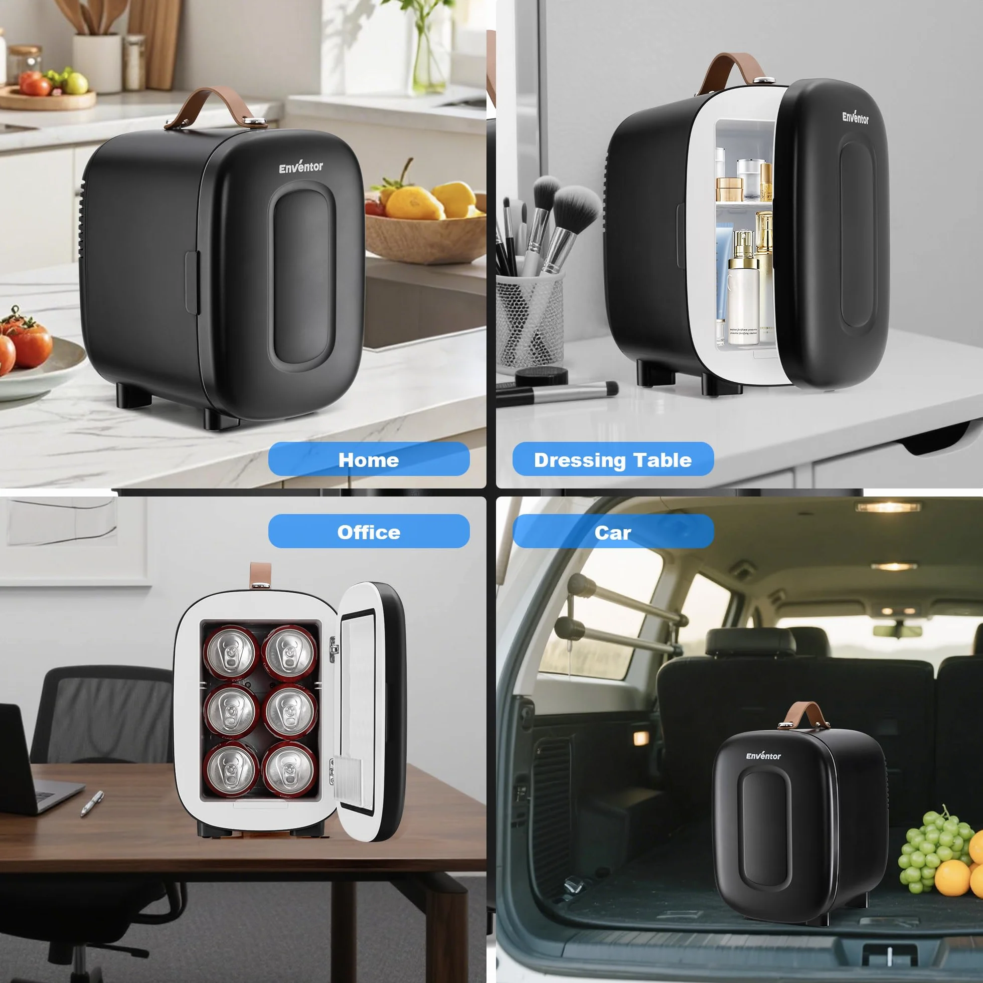 Enventor Mini lodówka, 4 litry/6 puszek, przenośna chłodziarka i ogrzewacz, zasilanie AC + 12 V DC, mała lodówka do sypialni, samochodu, pielęgnacji skóry, owoców i napojów, czarna