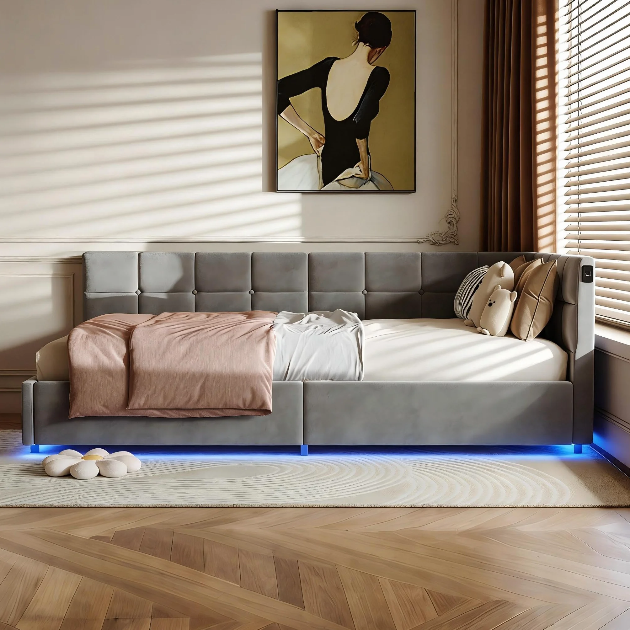 Łóżko tapicerowane 90x200 cm pojedyncze ze schowkiem LED USB hydrauliczną komorą stelaż listwowy aksamit szary