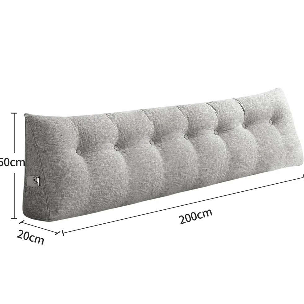 Poduszka klinowa, trójkątna, podparcie okolic lędźwiowych, duża poduszka pod plecy, bawełna i len, poduszka do czytania, zdejmowana (Jasno Szary, 200 x 50 x 20 cm, Bawełna i Len)