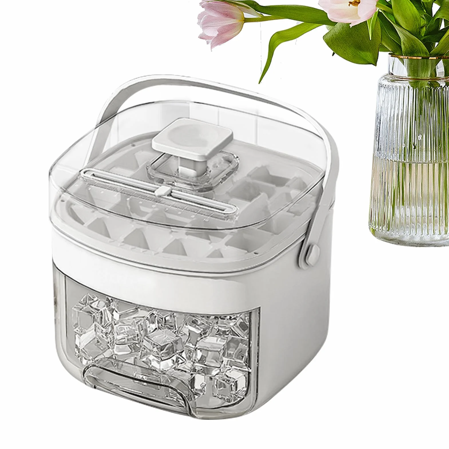 Ice Tray Storage Box, Cube Making Bin, Press Type Non-Stick Mold, Built-In Handle with Sealed Lid for Kitchen, Camping, Daily Use, Parties, Picnics, 6.69x6.1x5.51 Inches