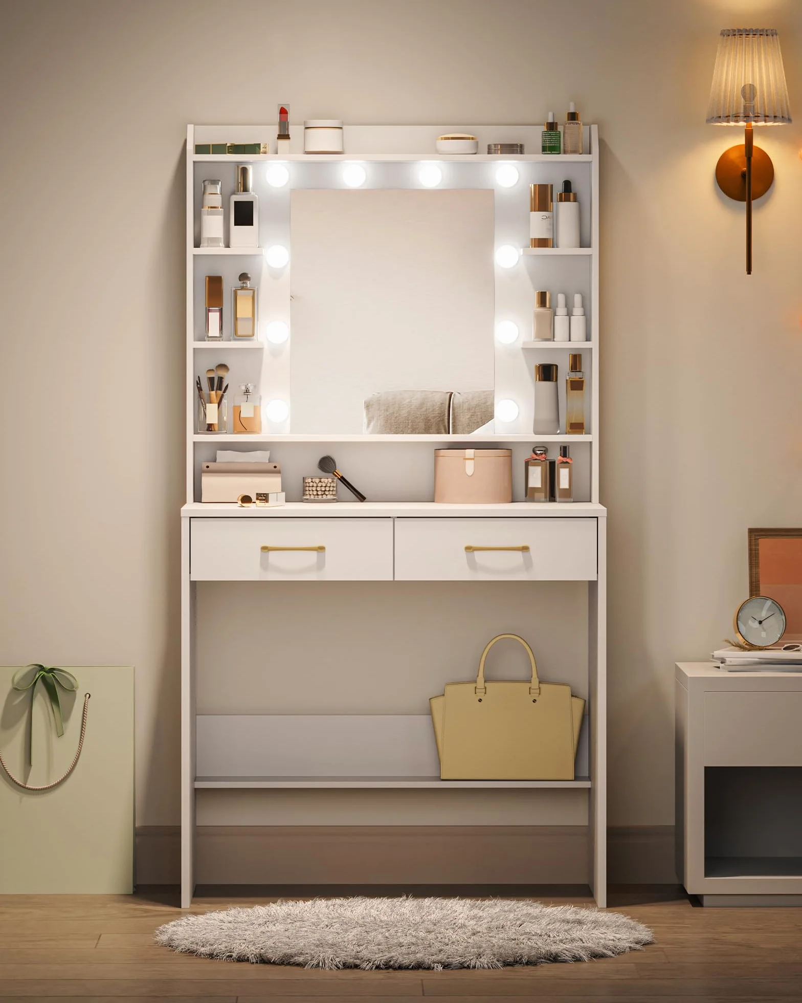Toaletka Hzuaneri z Lustrem i Oświetleniem LED, Regulowana Jasność, Toaletka z Półkami i 2 Szufladami, do Sypialni, Salonu, 40 x 80 x 149 cm, Biała DT08203XV1