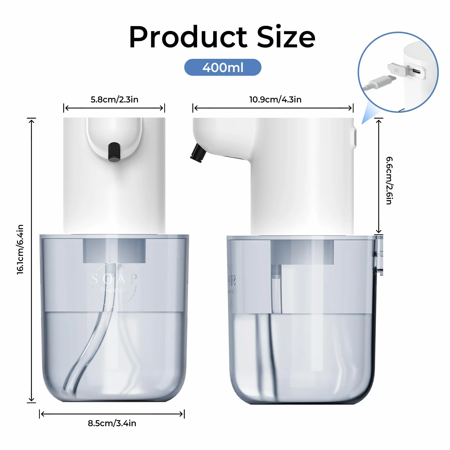 Automatyczny Dozownik Piany Myjącej 400ml Bezdotykowy IPX5 Ładowanie USB Biały