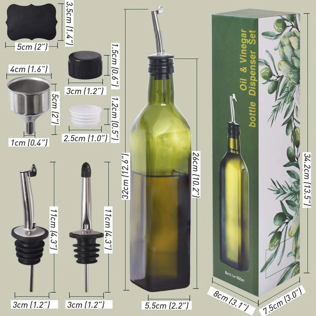 Newk Butelka oliwy z oliwek, 500 ml, szklana, olej, ocet, morska z wylewkami + lejek, olej, karafka, do kuchni – zielona