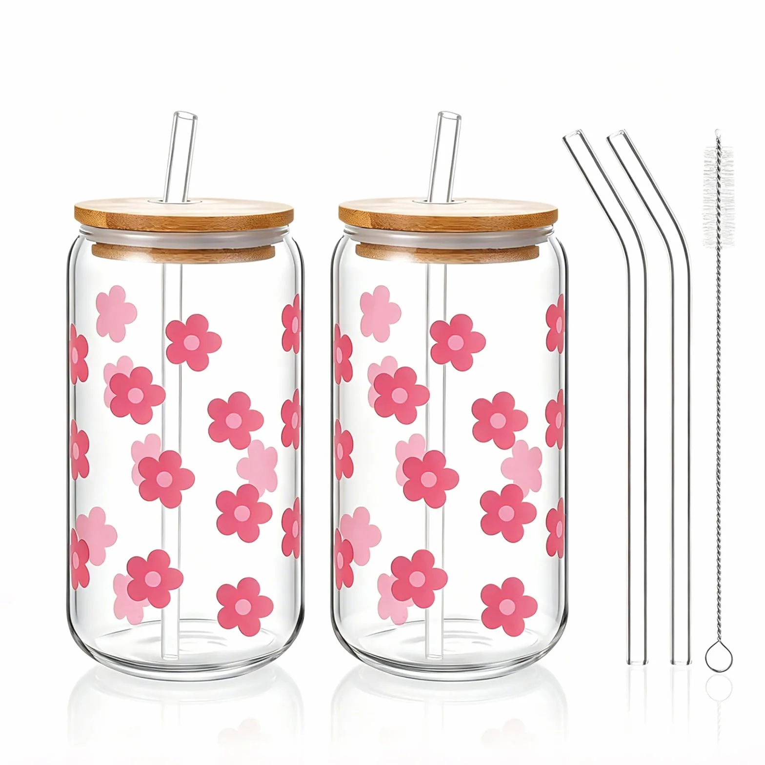 KATIMI Szklany kubek z kwiatami z pokrywką i słomką: 2 sztuki, 473 ml. Szklane kubki do bubble tea, kubeczki do lodów z pokrywką i słomką, różowy kubek z pokrywką i słomką do bubble tea, koktajlu
