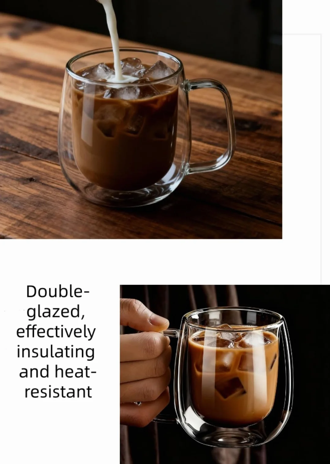 Szklane kubki do kawy z podwójnymi ściankami, zestaw dwóch filiżanek do herbaty, izolowane i niekondensacyjne, z uchwytem, przezroczyste szklane kubki do kawy latte, cappuccino, torebkę na