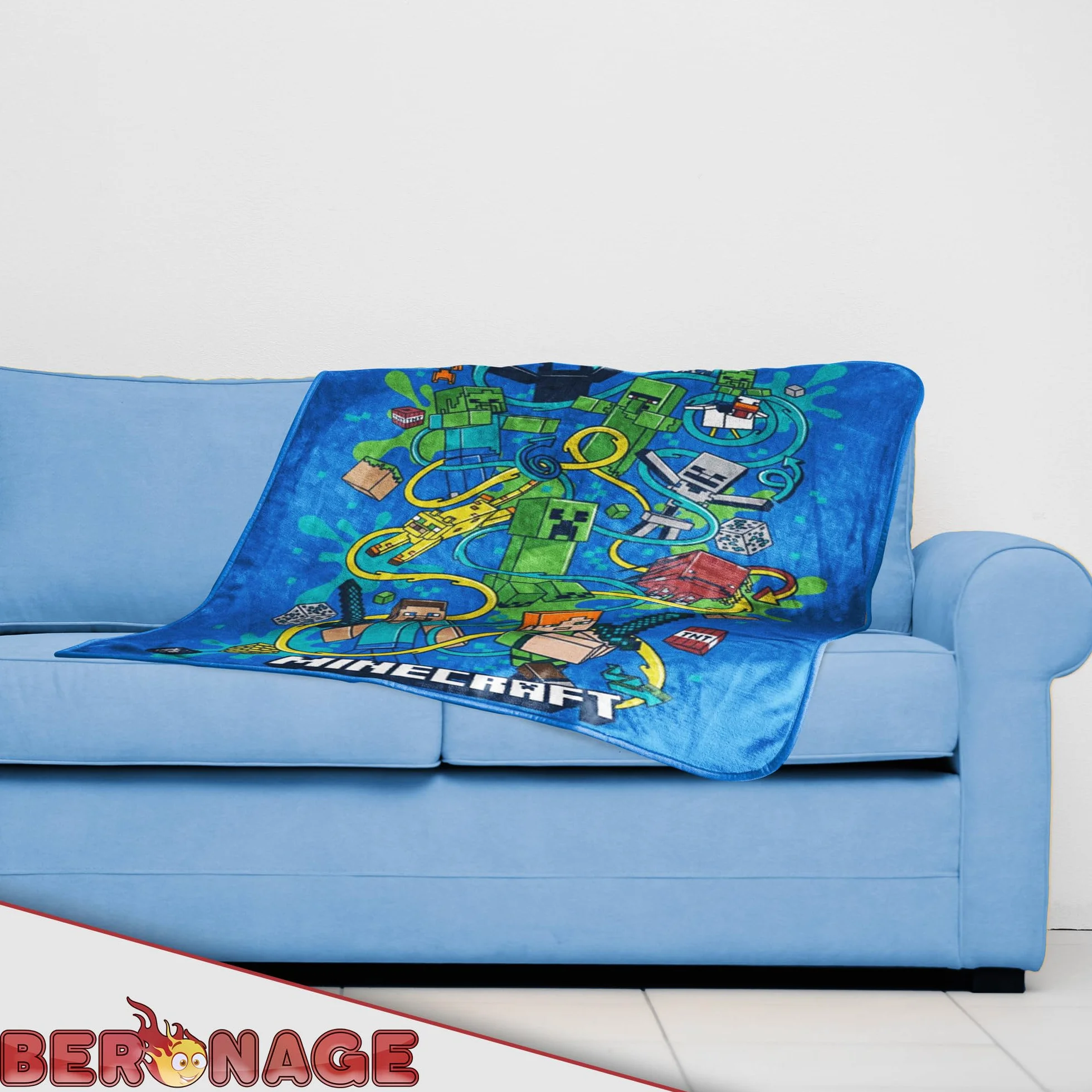 BERONAGE Minecraft Koc do mieszkania, Slurp, 150 x 200 cm, 100% poliester, puszysty flanelowy koc polarowy, koc na sofę, dla dzieci, dorosłych, dla graczy, prezent, artykuł licencjonowany