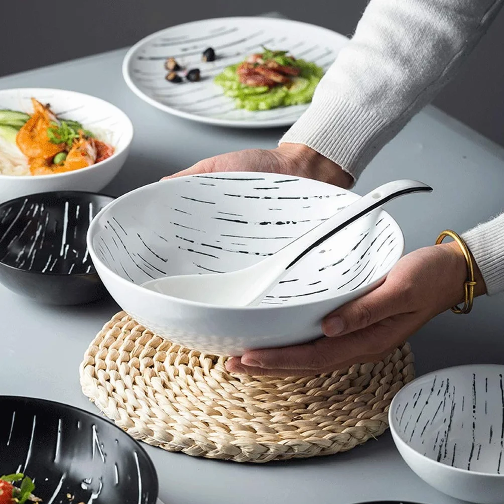 Zestaw obiadowy z porcelany, talerze obiadowe, ceramiczne zestawy obiadowe, 56 elementów, zestaw obiadowy z porcelany, czarno-białe matowe talerze i miski na płatki zbożowe dla rodziny Gat