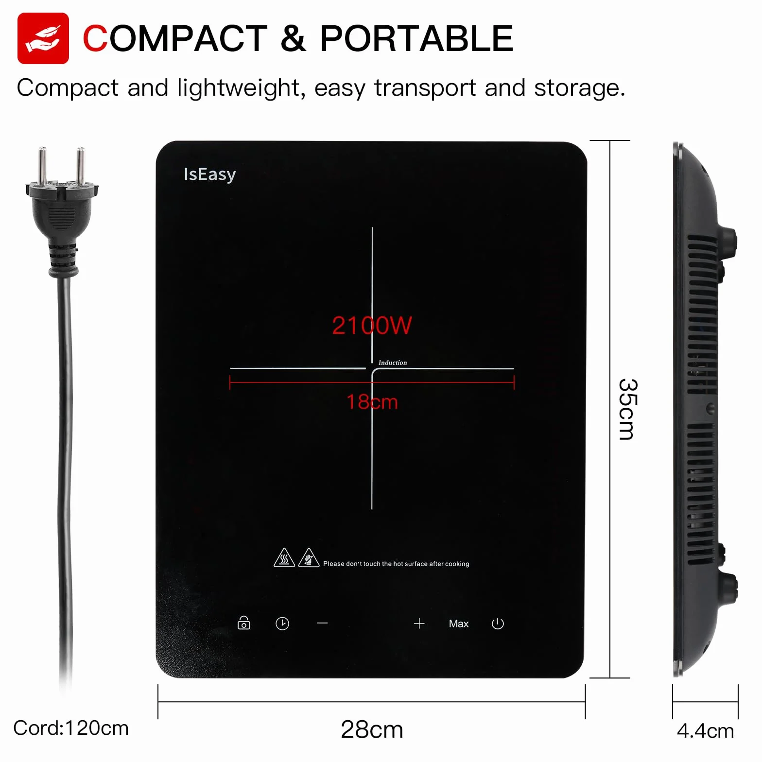 Płyta indukcyjna IsEasy 2100W 28cm przenośna 9 ustawień ciepła timer sterowanie dotykowe funkcja booster 220-240V