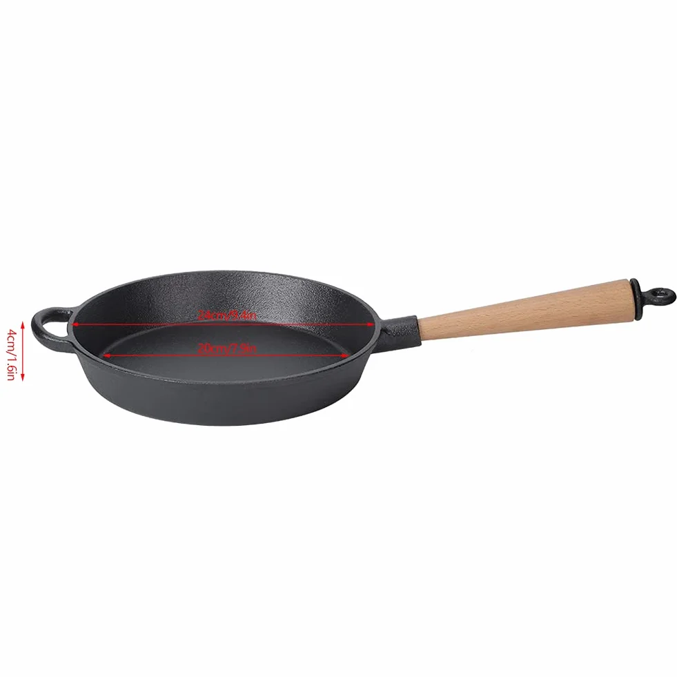 Patelnia żeliwna Patelnia do steków Gruba, wytrzymała patelnia z odpinanym drewnianym uchwytem do kuchni, restauracji Do użytku domowego Czarny 22 cm 24 cm 26 cm (Patelnia z drewnianą rączką o