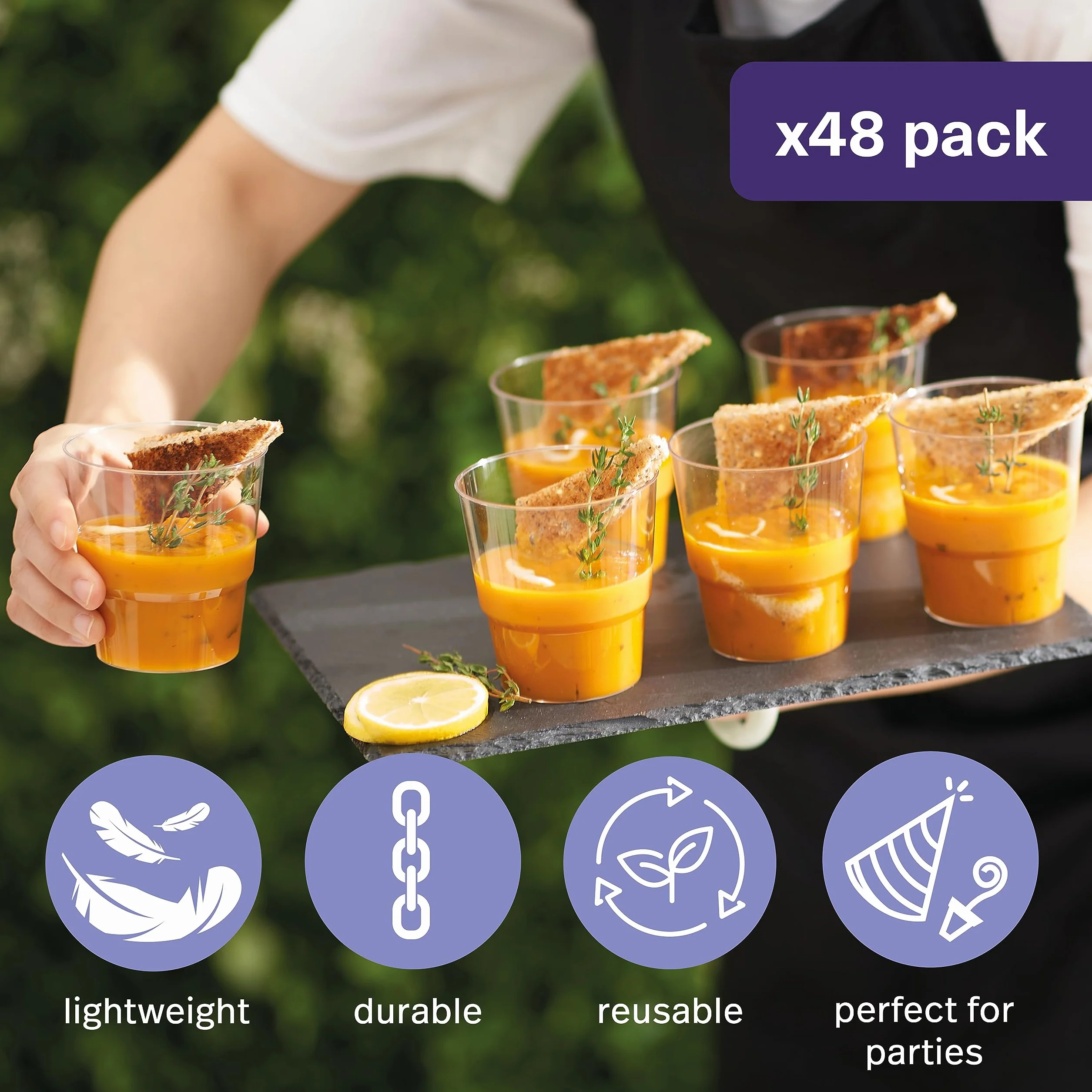 MATANA 48 przezroczystych kubków deserowych z twardego plastiku (okrągłe, 220 ml) - solidne i wielokrotnego użytku - garnki deserowe do przystawek, puddingów, musów, parfaitów, drobiazgów, tiramisu