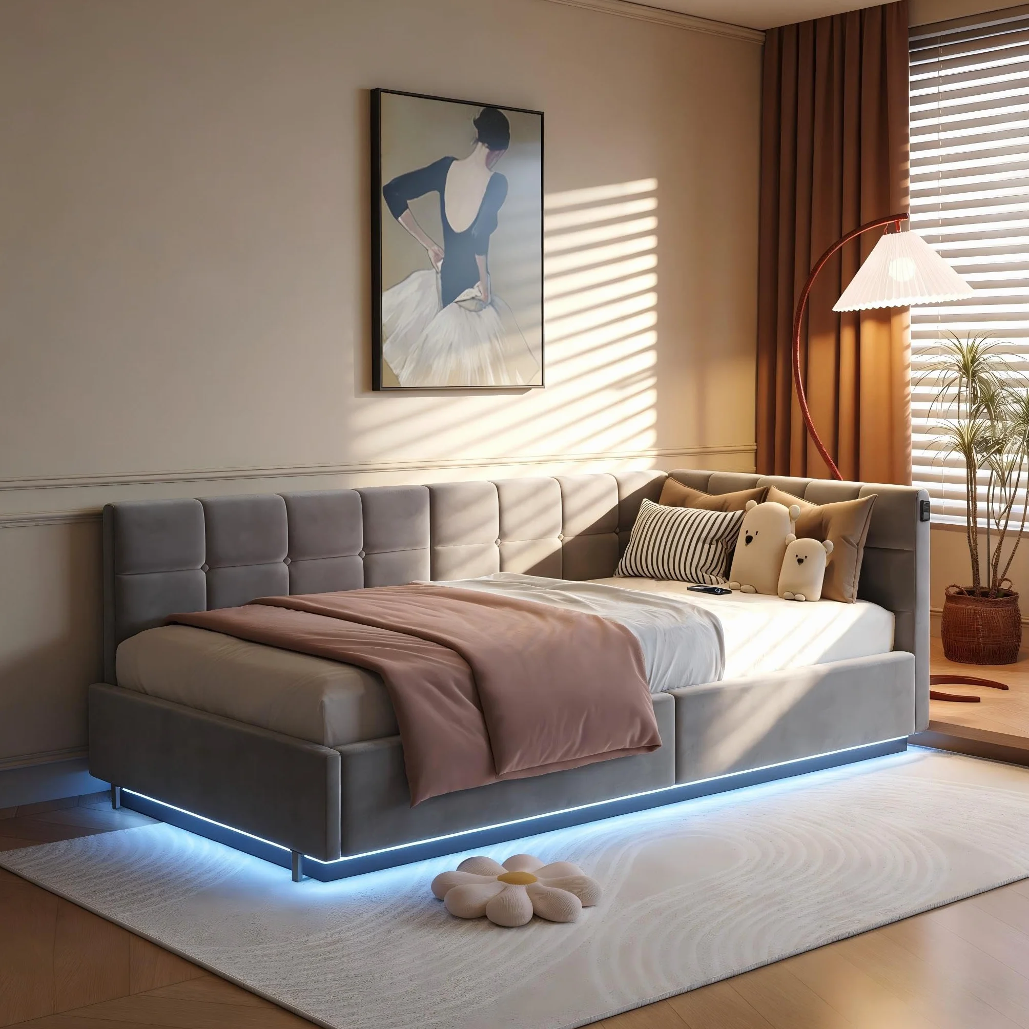 Łóżko tapicerowane 90x200 cm pojedyncze ze schowkiem LED USB hydrauliczną komorą stelaż listwowy aksamit szary
