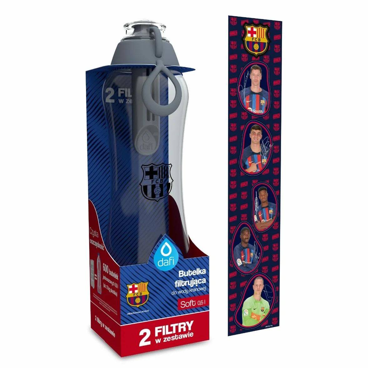 DAFI SOFT butelka filtrująca 500 ml Stalowa FC Barcelona z 2 filtrami węglowymi - limitowana edycja z herbem klubu i naklejkami piłkarzy - idealna do szkoły, pracy, na siłownię i trening