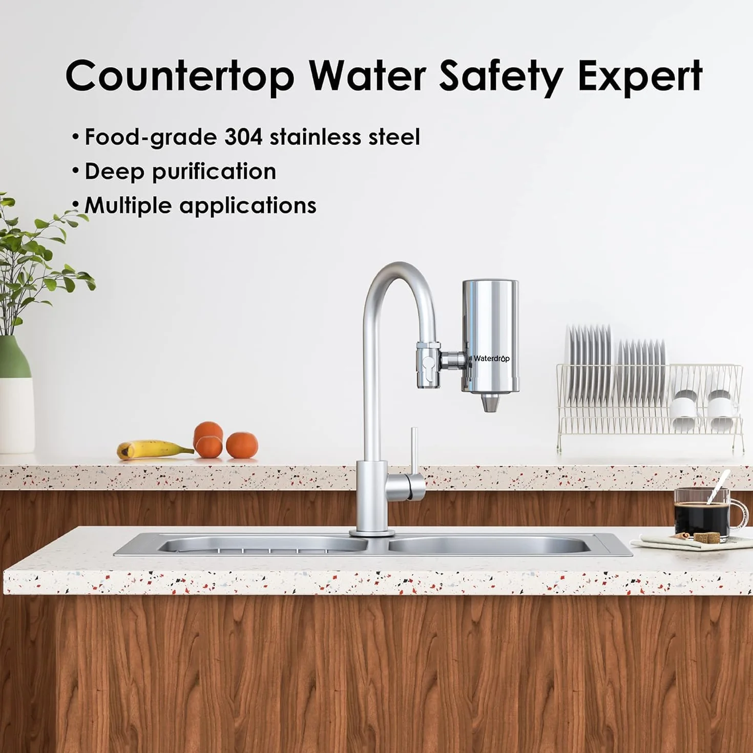 Waterdrop WD-FC-06 Filtr Wody do Kranu ze Stali Nierdzewnej, System Filtrowania Wody z Blokami Węglowymi, Filtr Wody z Kranem, Redukuje Chlor, Zapach i Nieprzyjemny Smak (w Zestawie 1 Filtr)