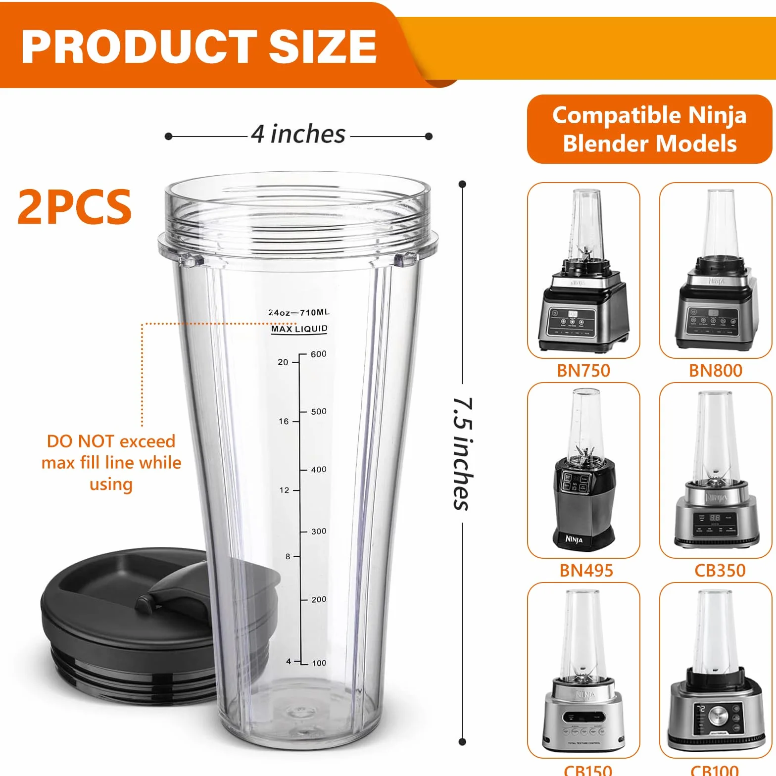 Wymienny kubek do blendera, 2 sztuki 710 ml Wymienny kubek do blendera Ninja ze zdejmowaną pokrywką, kubek do blendera Ninja Ninja, SS100, SS101, SS300