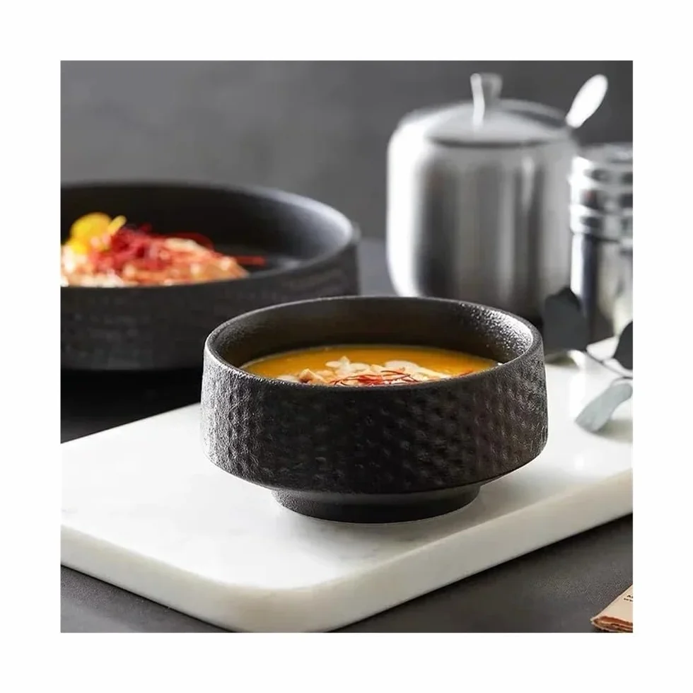 Talerze obiadowe, Kreatywna kuta ceramiczna miska z głębokim naczyniem - biały czarny okrągły talerz na sałatkę owocową sushi Zestaw obiadowy(White,20cm)