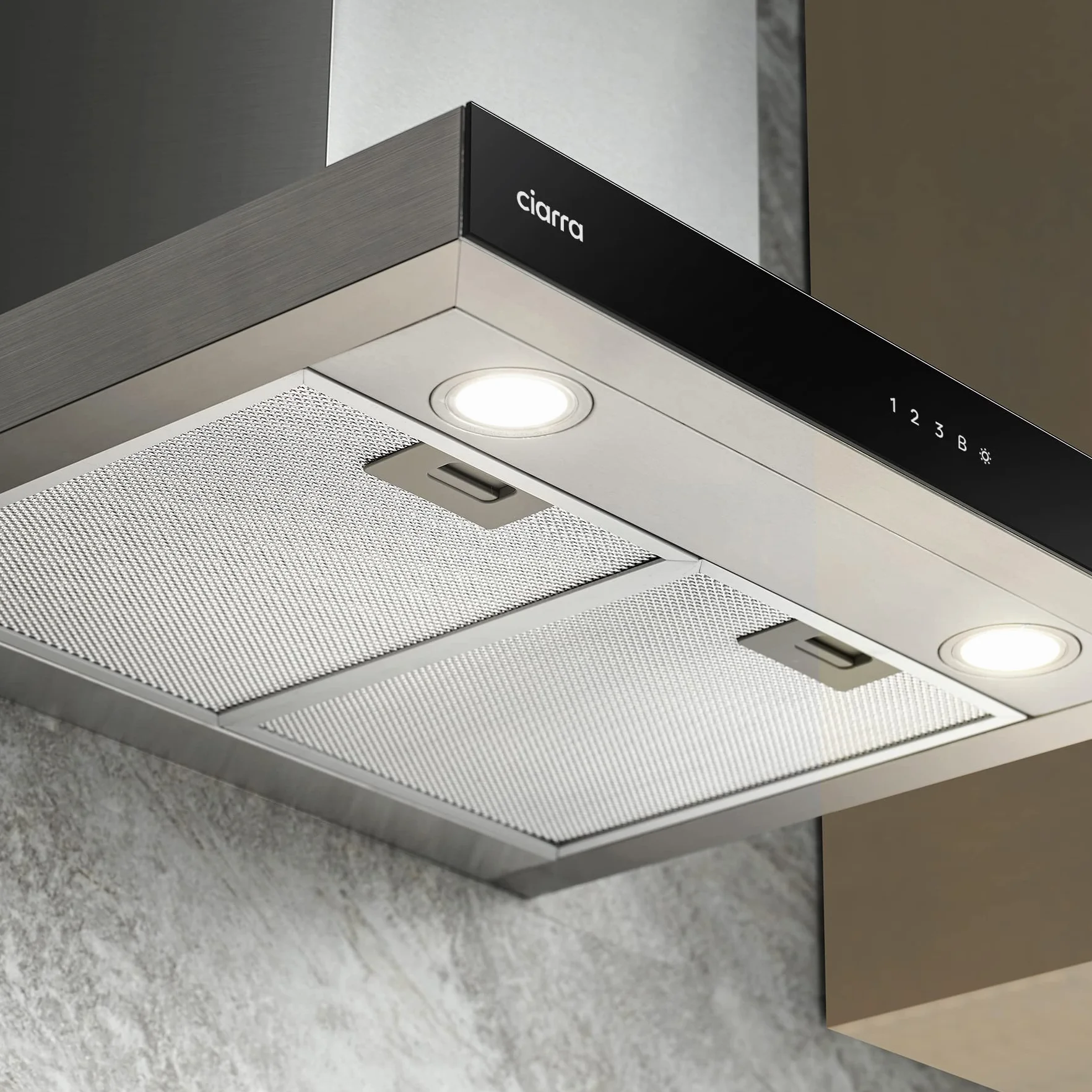 CIARRA CBCS6102 A+++ okap kuchenny 60 cm obieg powietrza wylotowego okap kuchenny 650 m³/h Wi-Fi App Touch obsługa 4 stopnie wraz z Booster czarny okap ścienny z filtrem węglowym CBCF003