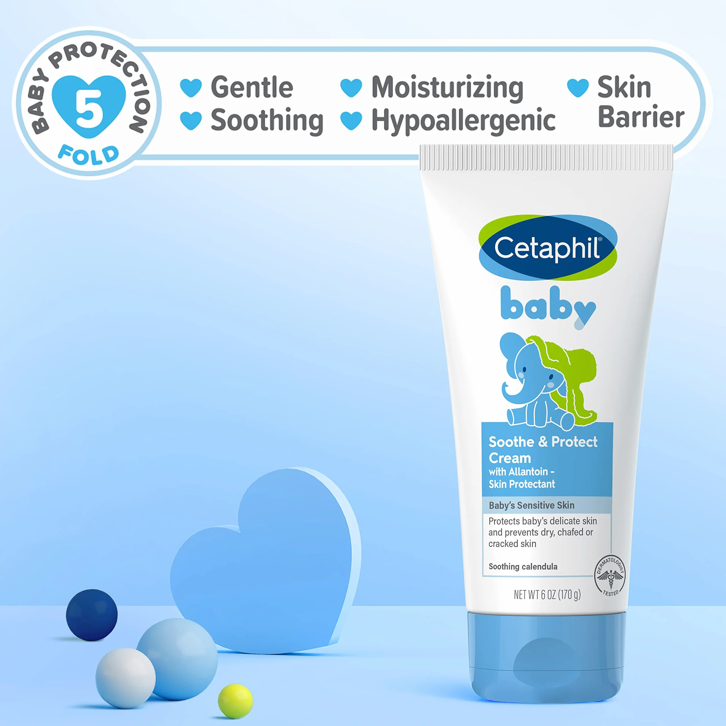 Cetaphil Baby Soothe & Protect Cream z alantoinową ochroną skóry, 6 uncji, zapobiega suchości, popękanej lub popękanej skórze, krem dla dzieci nawilża przez 24 godziny, nie tłusty (opakowanie