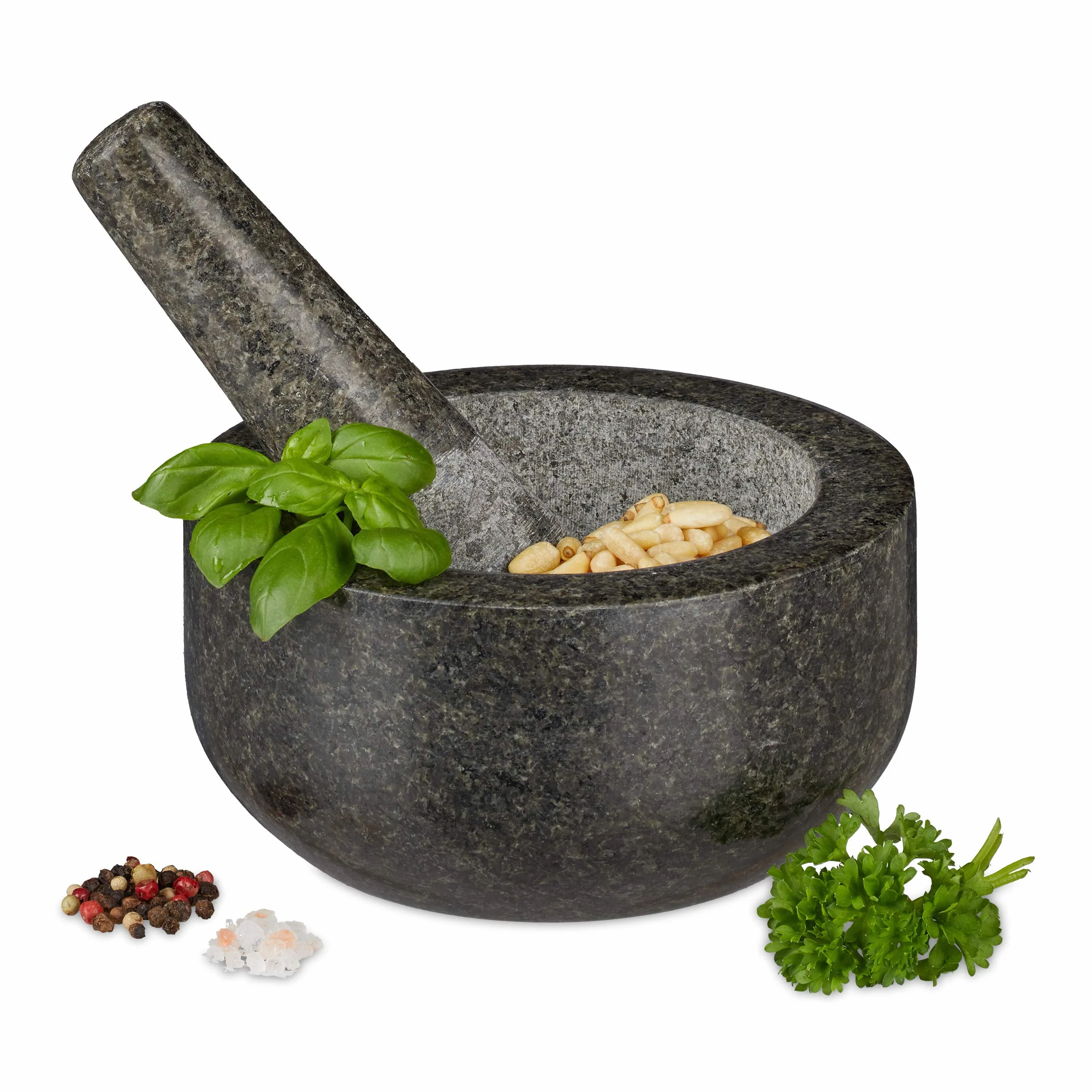 relaxdays Moździerz granitowy z tłuczkiem, wytrzymały i trwały, przyprawy, zioła, polerowana moździerz kamienny, Ø 16 cm, 400 ml, szary, 8 x 16 x 16 cm