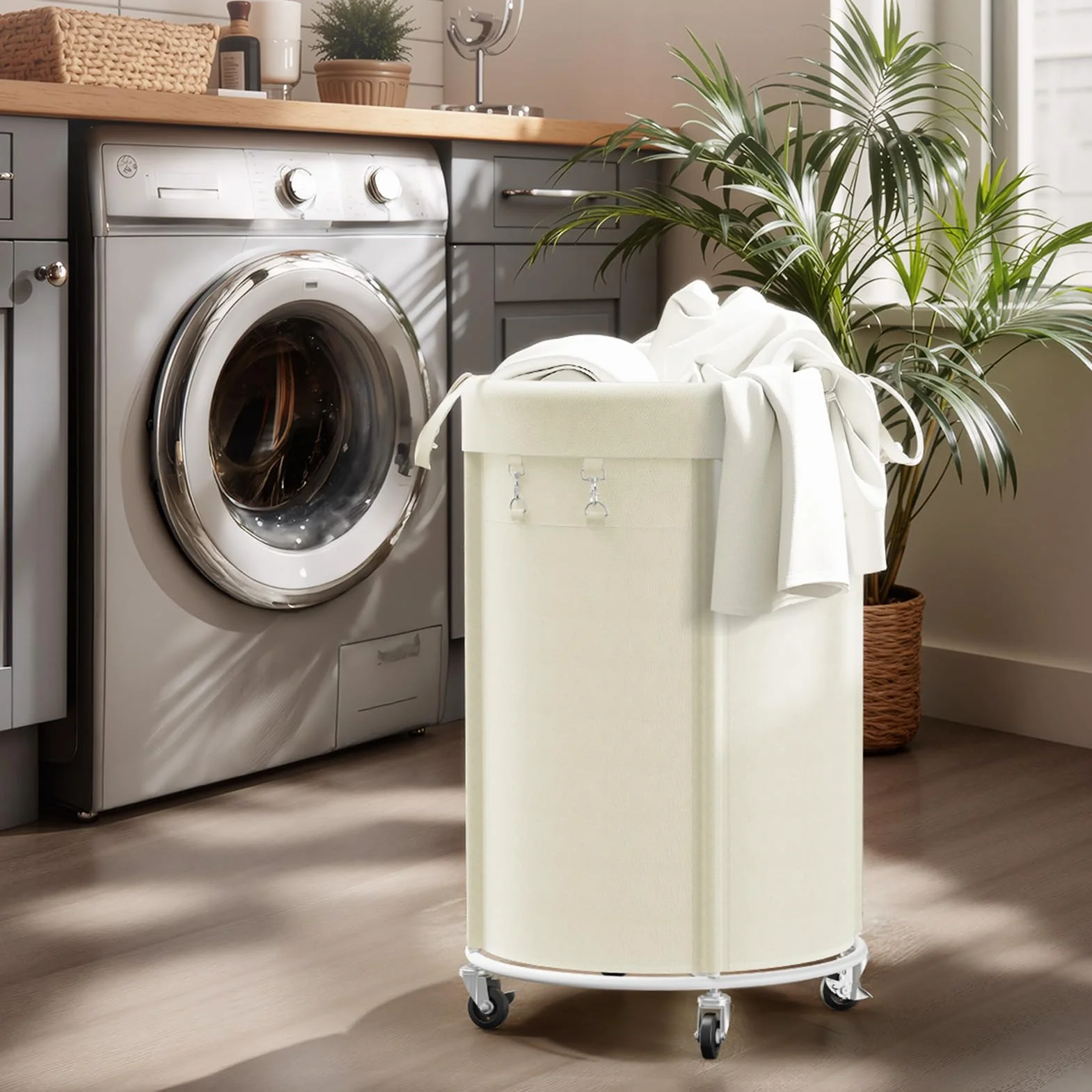 Kosze na pranie z rolkami, 150 l, duży kosz na pranie z metalową ramą i wodoszczelnym workiem, Laundry Baskets wózek na pranie do pralni, sypialni, łazienki, beżowy