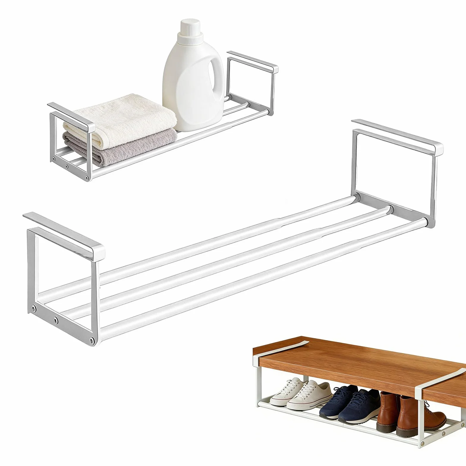 Wiszący regał na buty, organizer w szafie, regulowany 40-70 cm, podwyższony regał pod szafkę, wiszący regał pod biurko, do szafek kuchennych, szafek na buty, szafek na ubrania (biały)