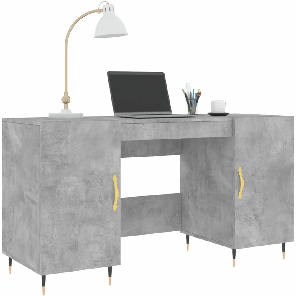Biurko betonowe, szare, 140 x 50 x 75 cm, materiał drewnopochodny z 4 półkami i drzwiami, stabilny stół biurowy do domu, biura, gabinetu, pokoju młodzieżowego, z regałem, półką i zarządzaniem